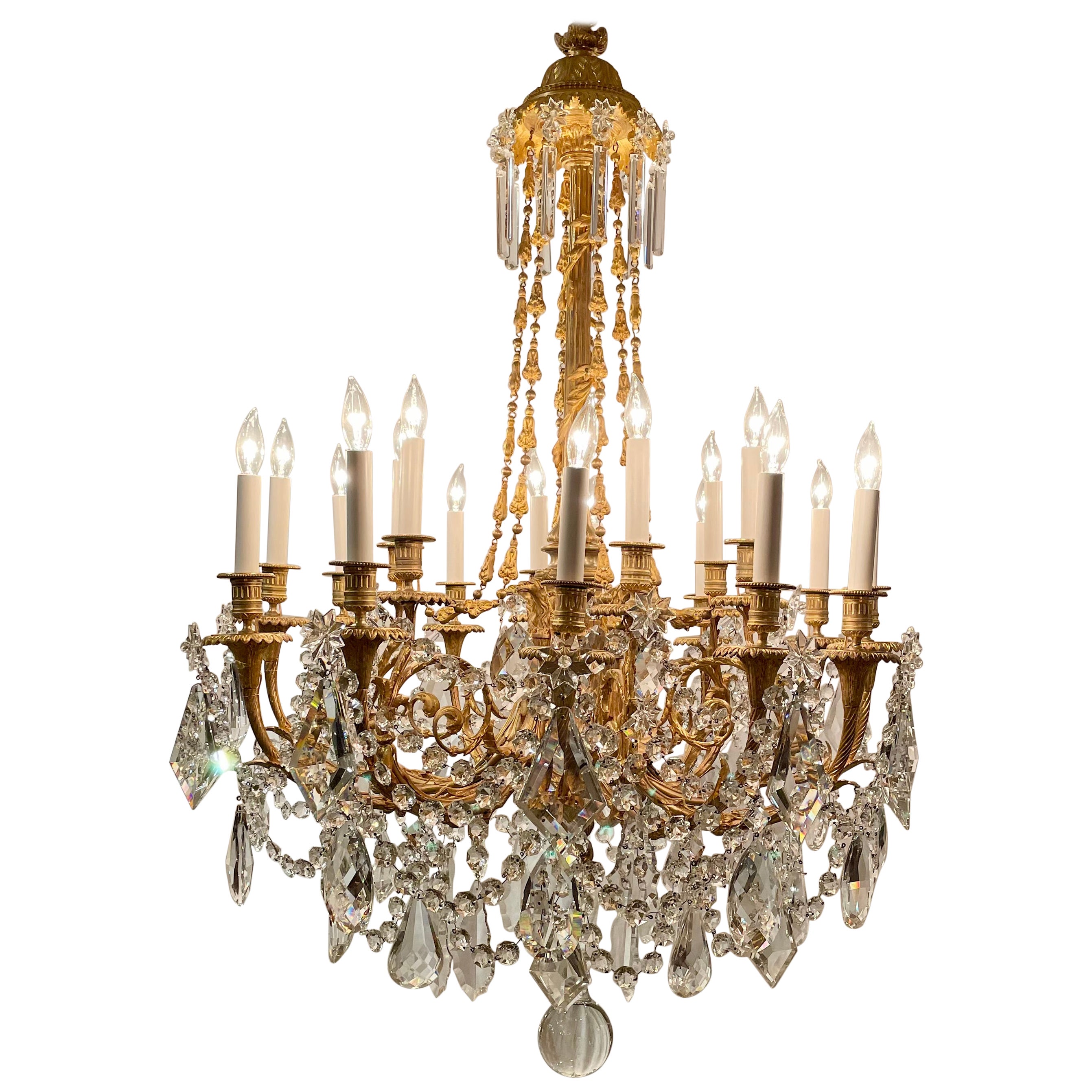 Antique French Louis XVI Bronze D'ore & Crystal 18-Light Chandelier, Circa 1890