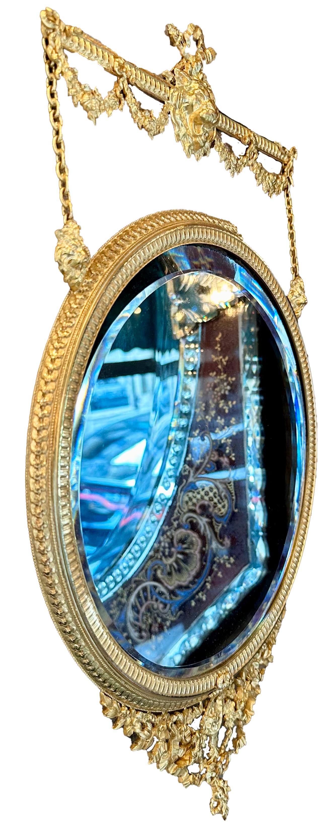 Antique French Louis XVI Bronze D'Ore Hanging Mirror, Circa 1890. In Good Condition For Sale In New Orleans, LA
