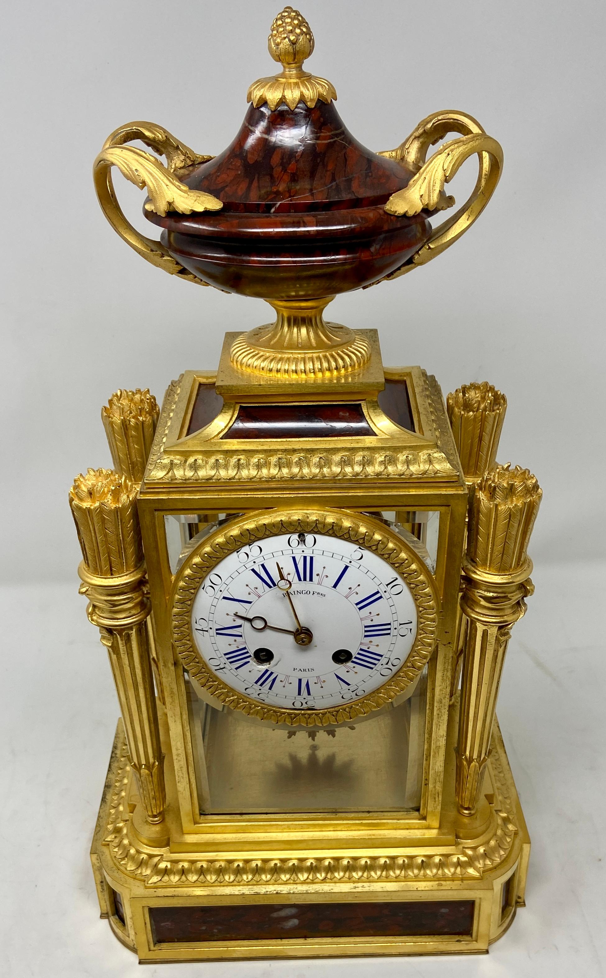 Antique French Louis XVI Bronze D'Ore Mantel Clock by Raingo Frères, Circa 1890.