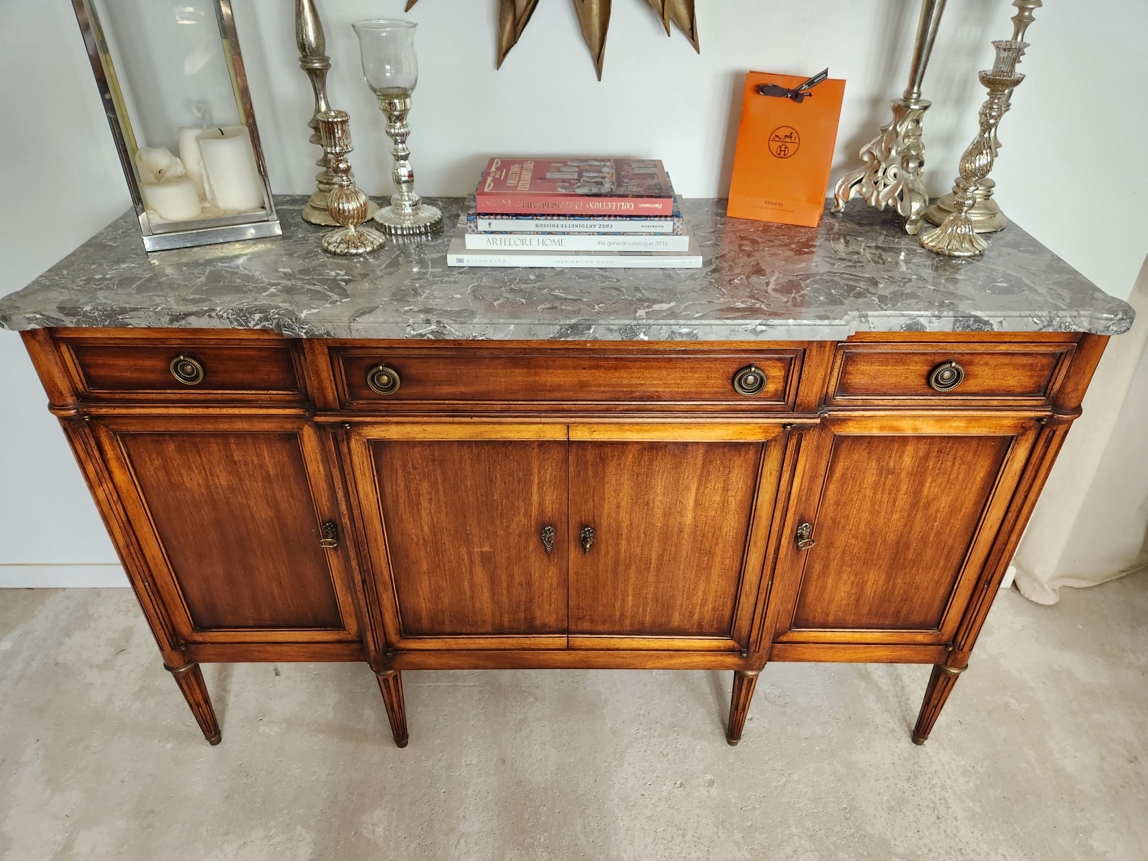 19th Century Antique French Louis XVI Buffet, Bronze & Marble Top For Sale
