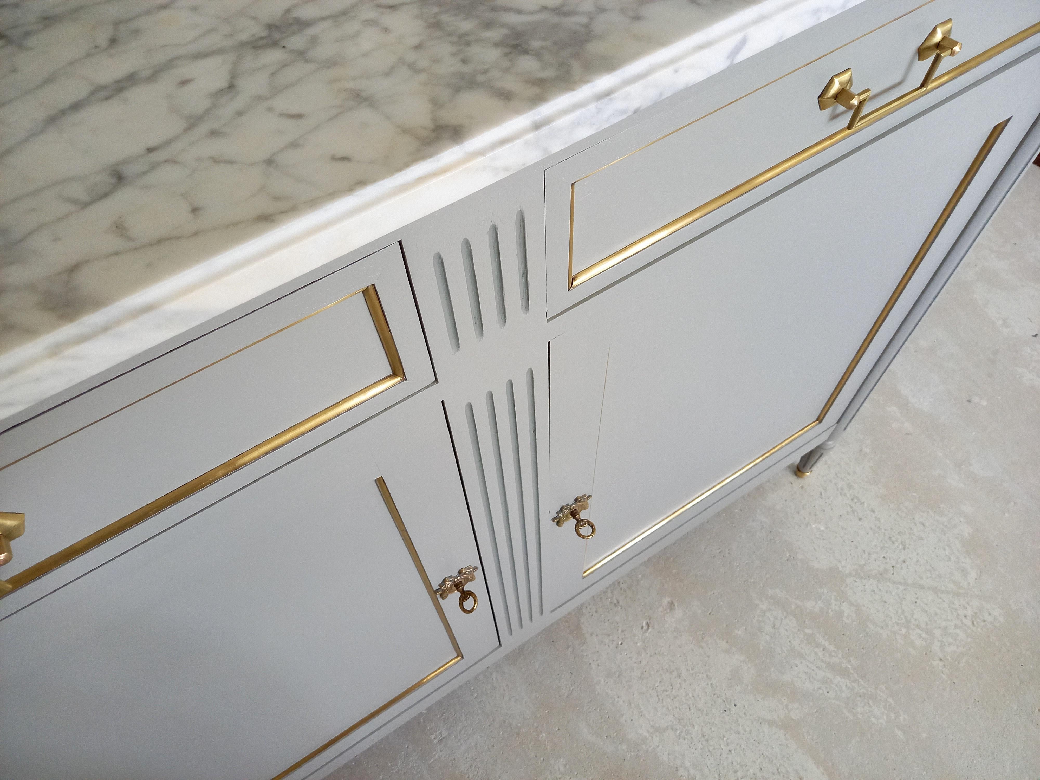 Antique French Louis XVI Buffet, Carrara Marble, Bronze & Brass 8