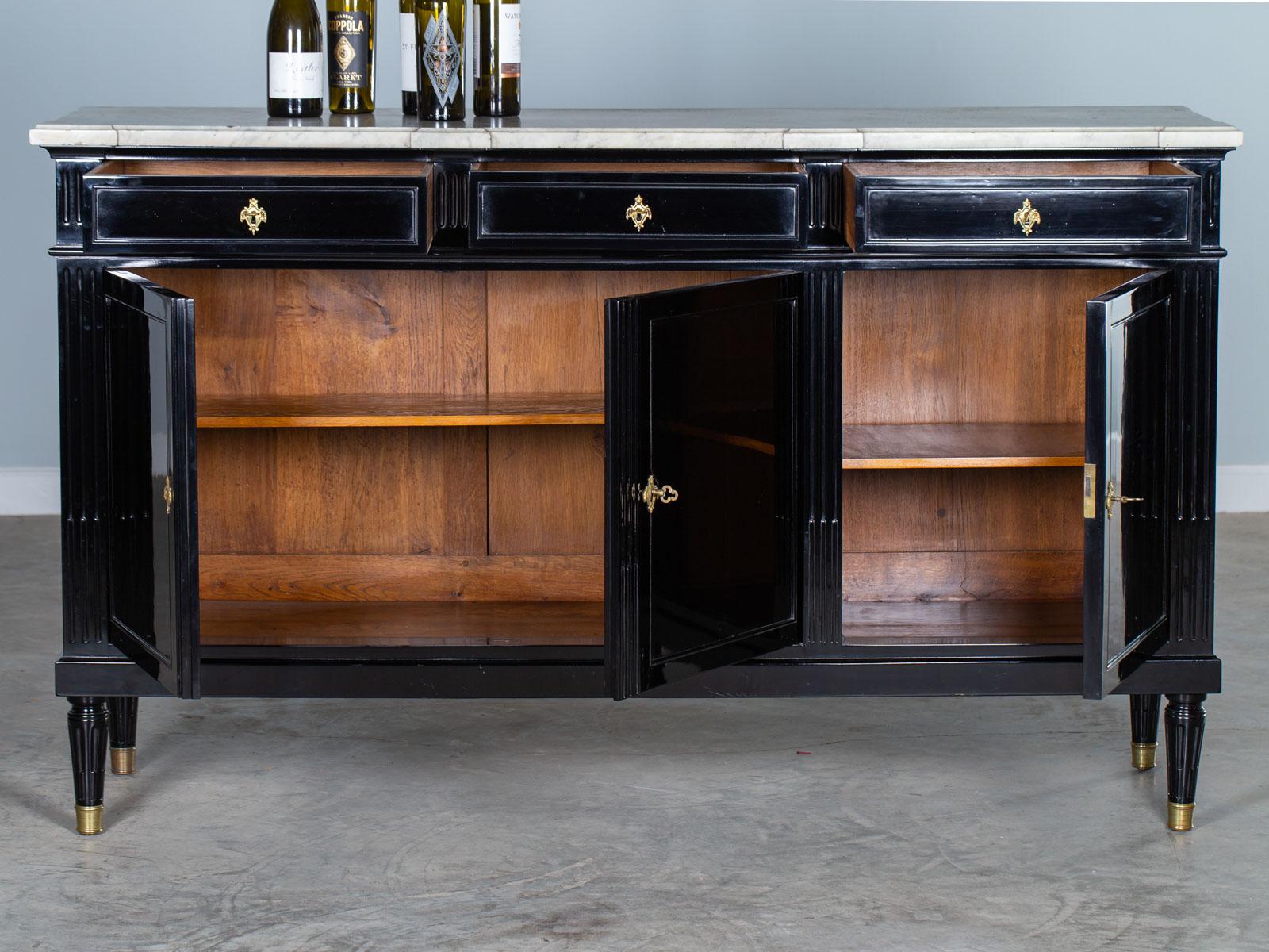 Antique French Louis XVI Buffet Credenza circa 1800 Marble Top Black Lacquer In Good Condition In Houston, TX