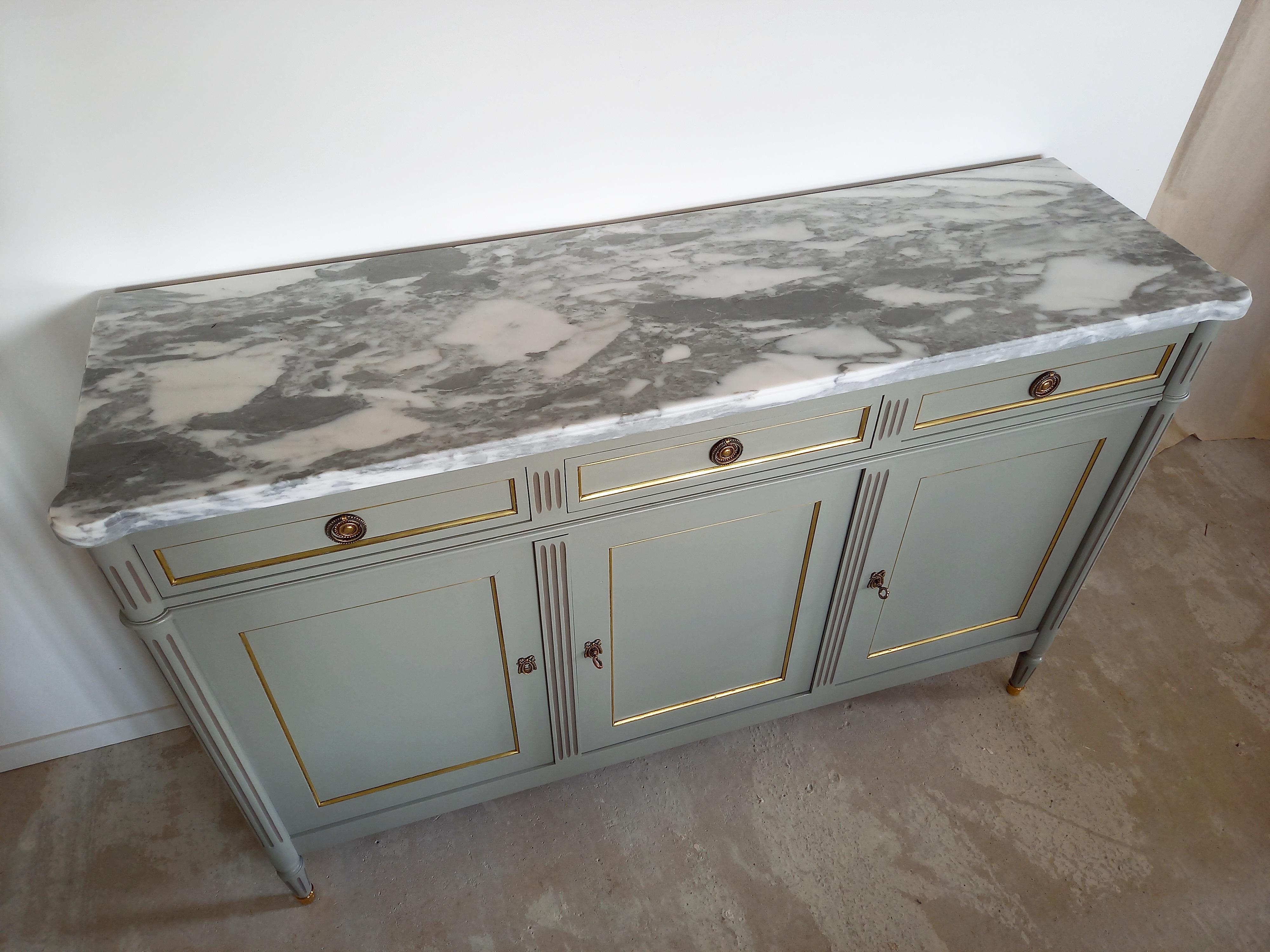 Antique French Louis XVI Buffet, Marble Top, Brass & Bronze Details In Good Condition In Senonches, Centre-Val de Loire
