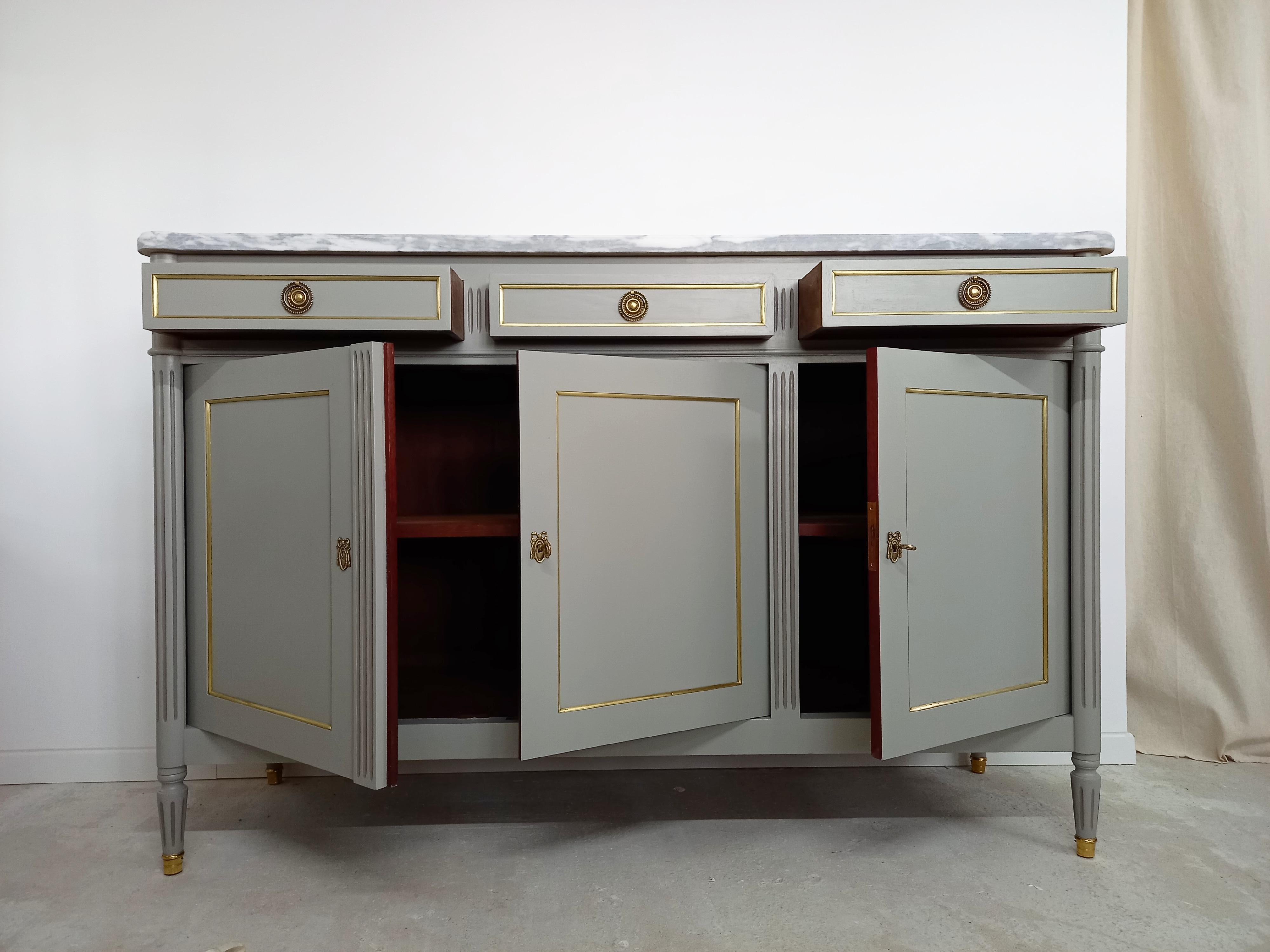 20th Century Antique French Louis XVI Buffet, Marble Top, Brass & Bronze Details