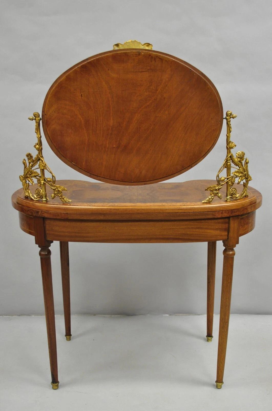 Antique French Louis XVI Burlwood Kidney Shaped Vanity Dressing Table w/ Mirror en venta 5