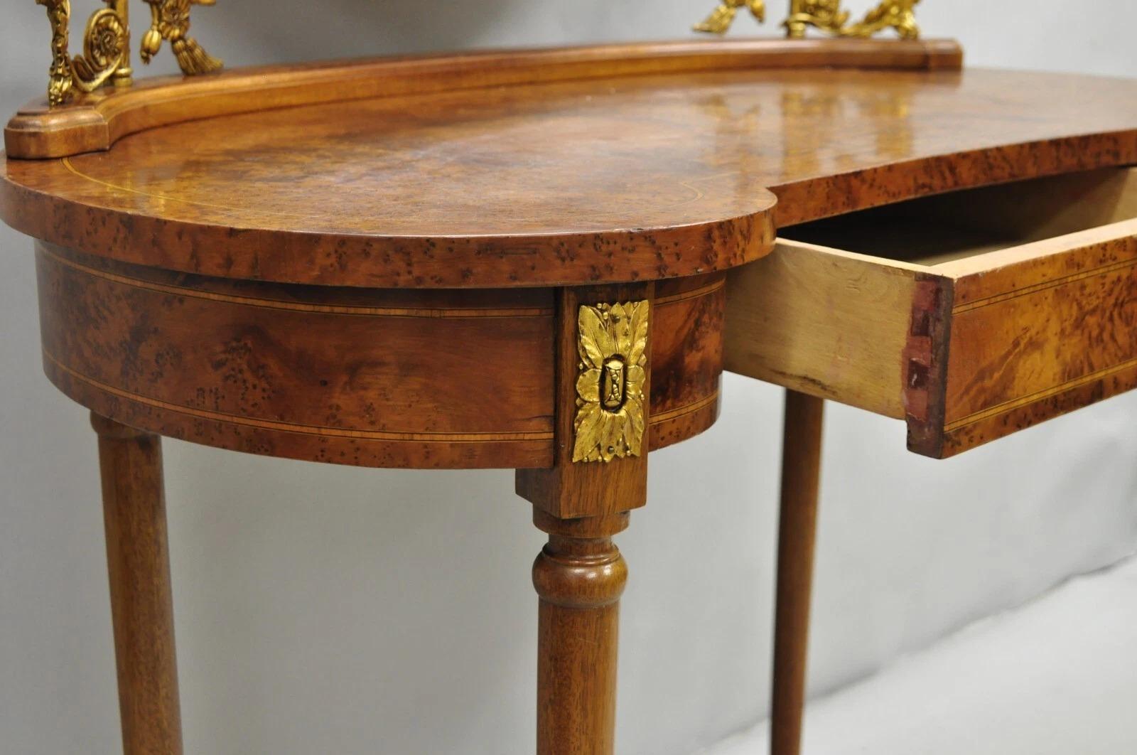 Antique French Louis XVI Burlwood Kidney Shaped Vanity Dressing Table w/ Mirror en venta 2