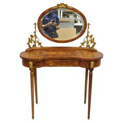 Antique French Louis XVI Burlwood Kidney Shaped Vanity Dressing Table w/ Mirror