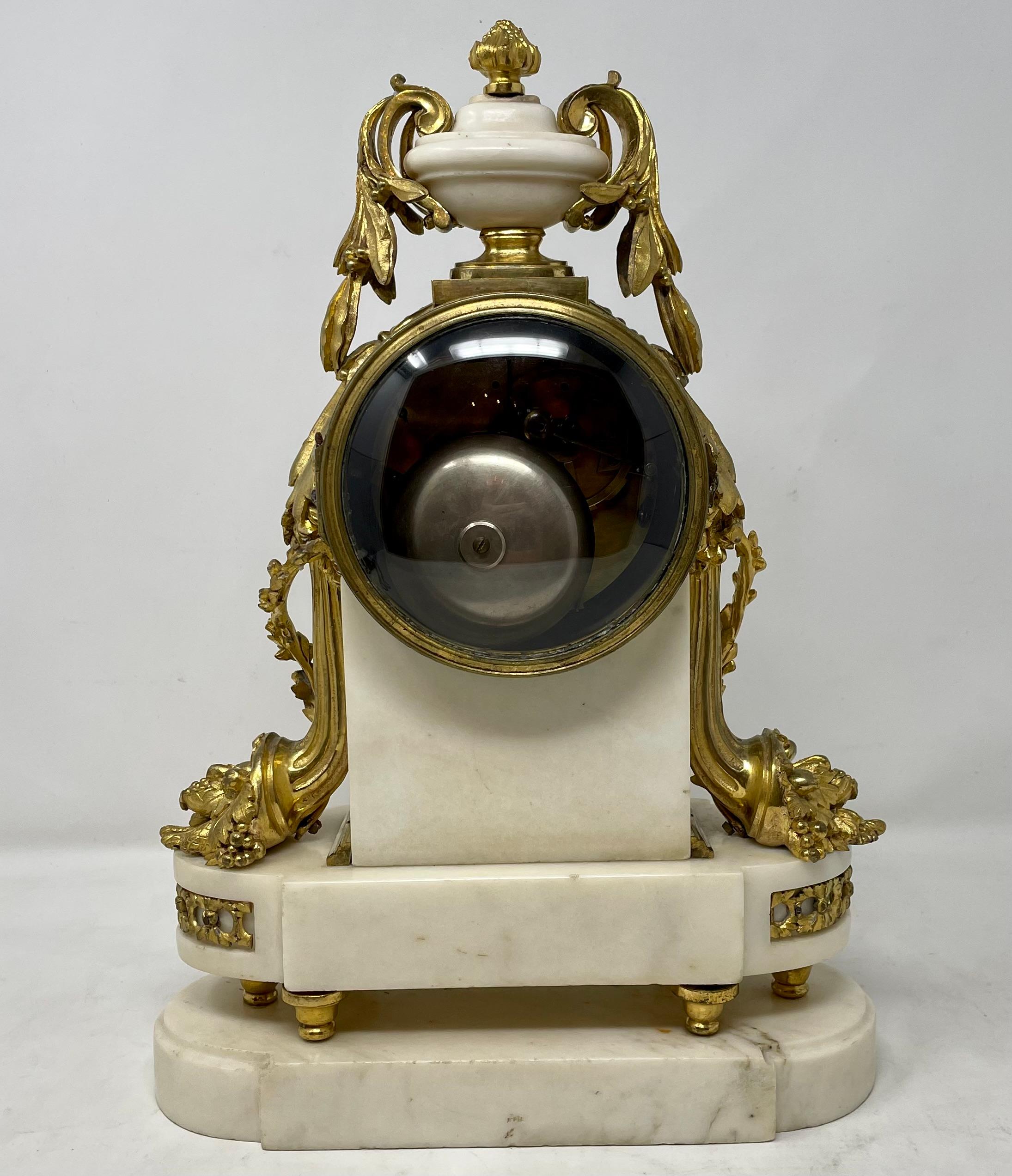 Antique French Louis XVI Carrara Marble and Gold Bronze Mantel Clock, Circa 1880 In Good Condition In New Orleans, LA