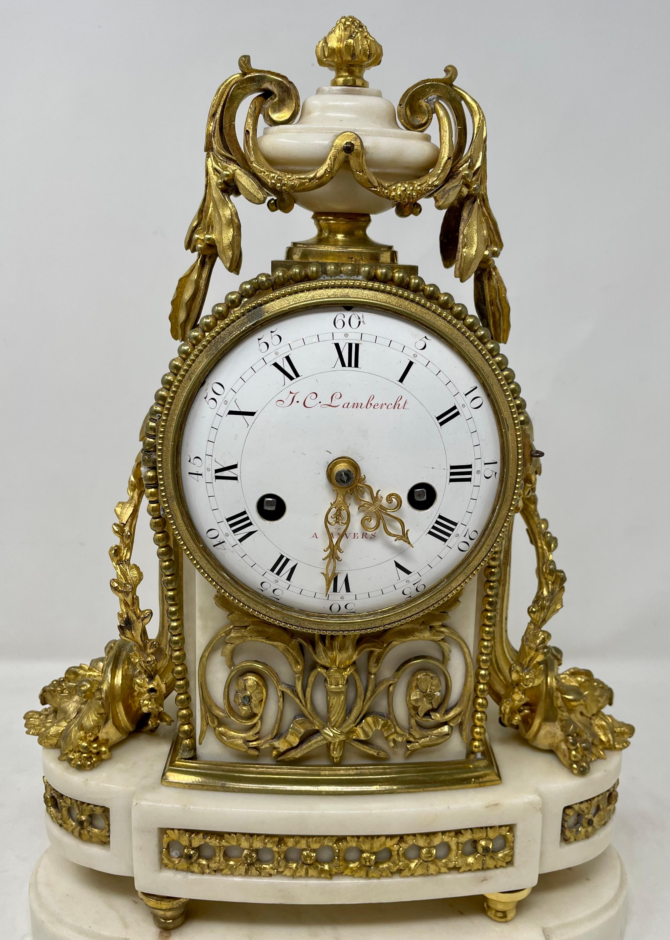 19th Century Antique French Louis XVI Carrara Marble and Gold Bronze Mantel Clock, Circa 1880