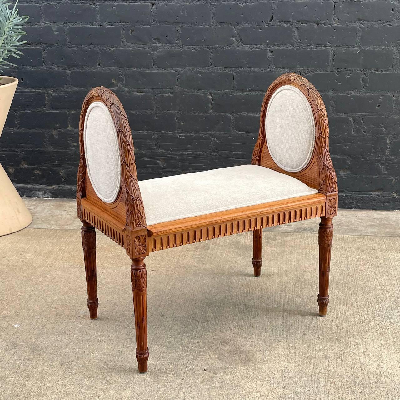 Antique French Louis XVI  Carved Bench 

Country: France
Materials: Carved Wood, Linen
Condition: Newly Reupholstered
Style: French Louis XVI 
Year: 1920’s

$1,895

Dimensions:
30”H x 27.50”W x 17”D
Seat Height 18”