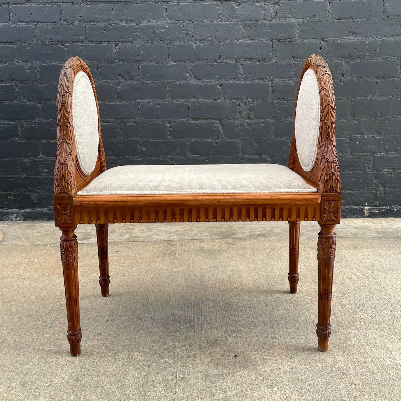 Linen Antique French Louis XVI  Carved Bench For Sale