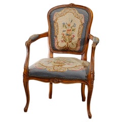 Antique French Louis XVI Carved Fruitwood and Needlepoint Armchair, circa 1920