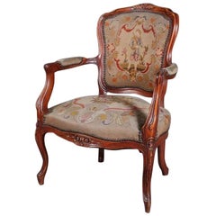 Antique French Louis XVI Carved Fruitwood Armchair with Needlepoint