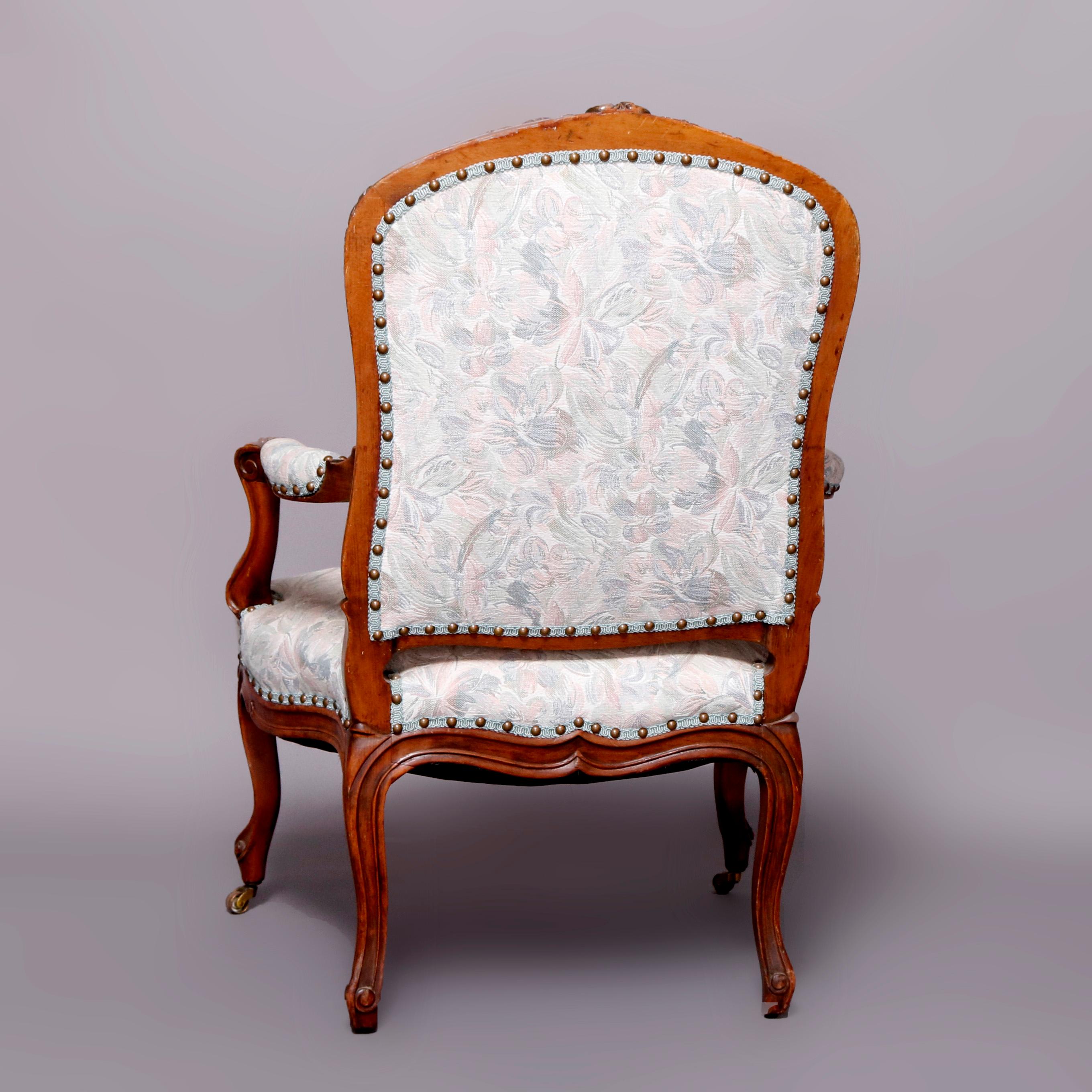 Antique French Louis XVI Carved Fruitwood Upholstered Armchair, 20th Century In Good Condition In Big Flats, NY