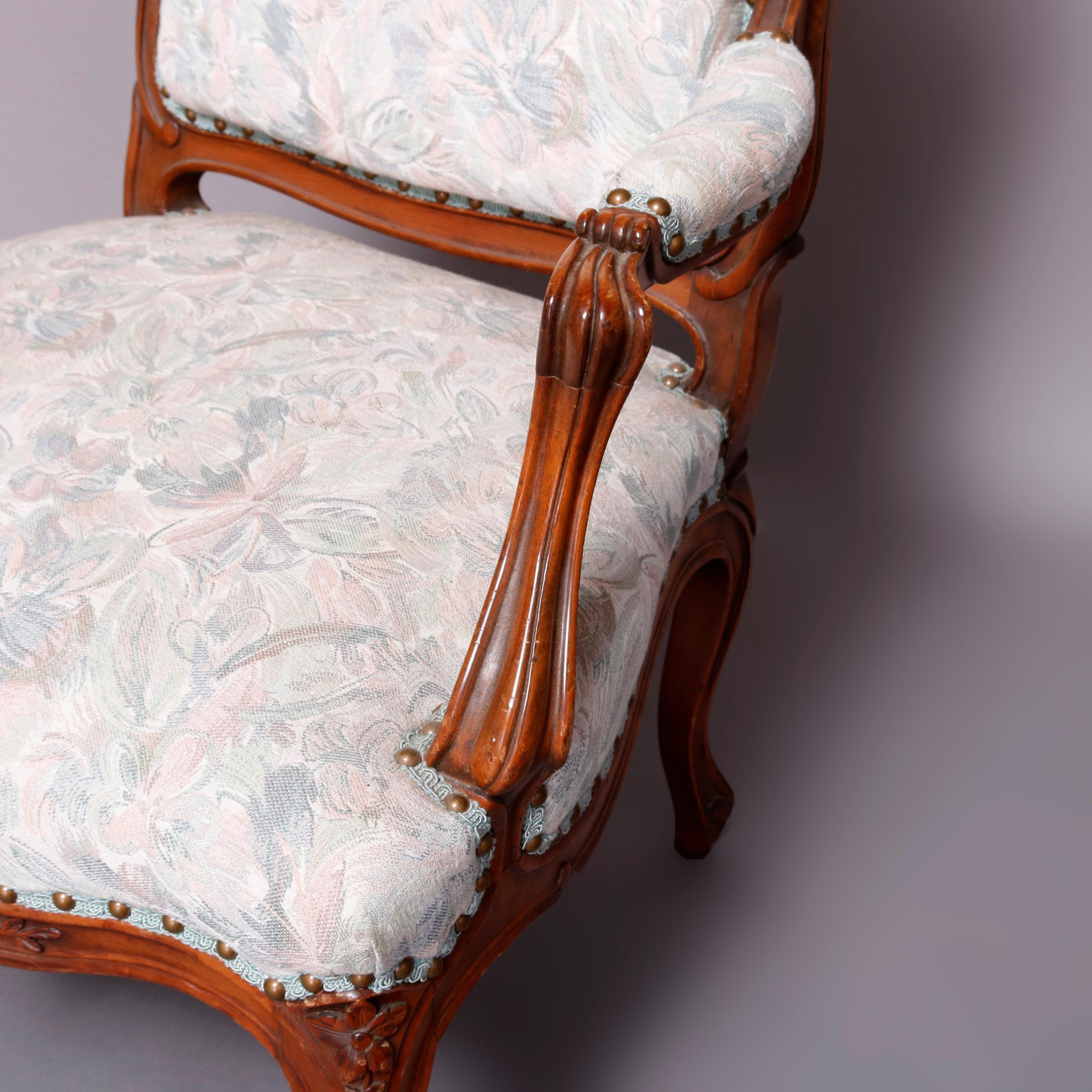 Antique French Louis XVI Carved Fruitwood Upholstered Armchair, 20th Century 4