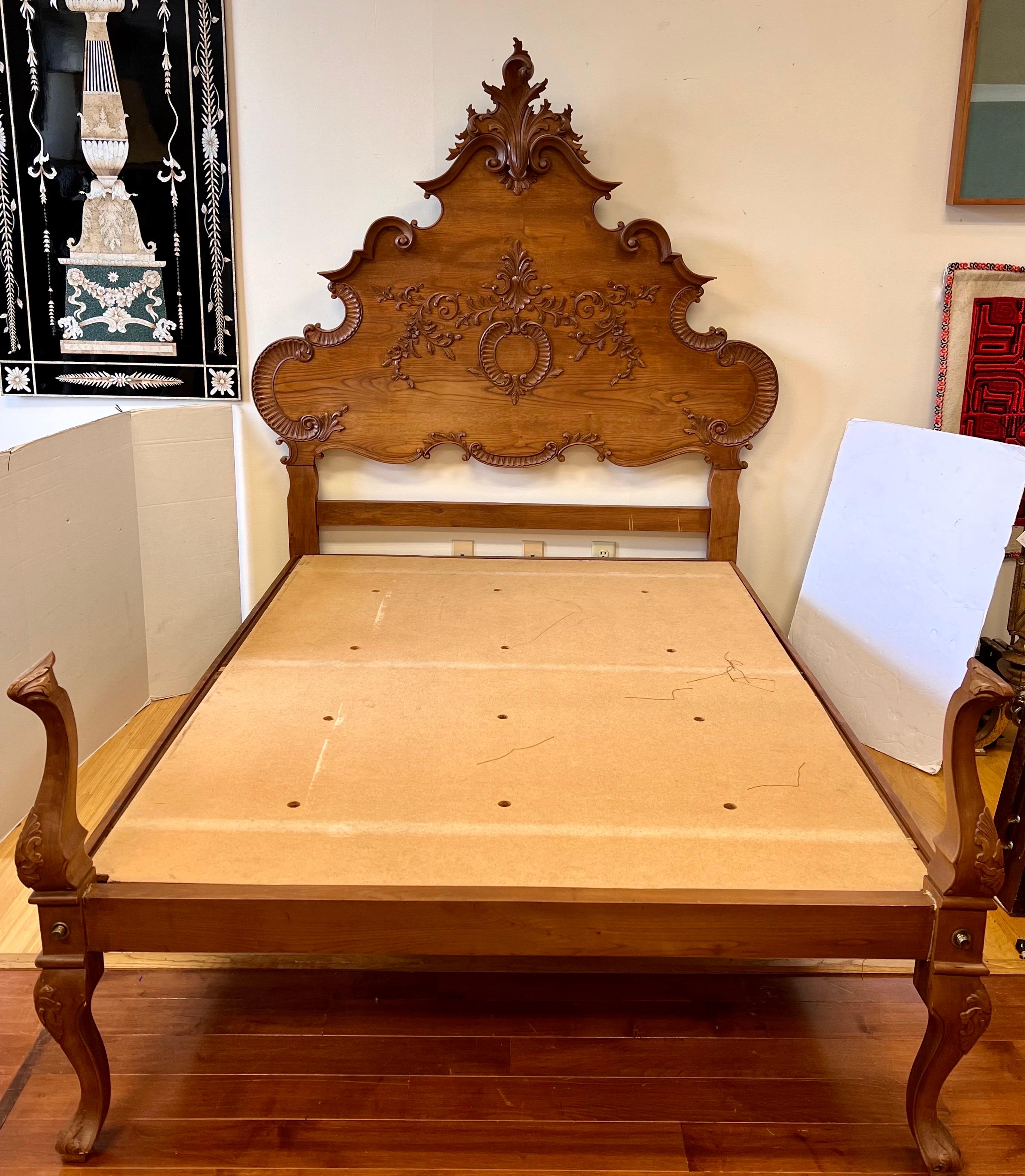 Stunning antique French Louis XVI style burled FULL size bed with ornate carvings. 
Solid and sturdy, with minor cosmetic imperfections consistent with age. Includes headboard, footboard, side rails, and platform support.
All dimensions are above