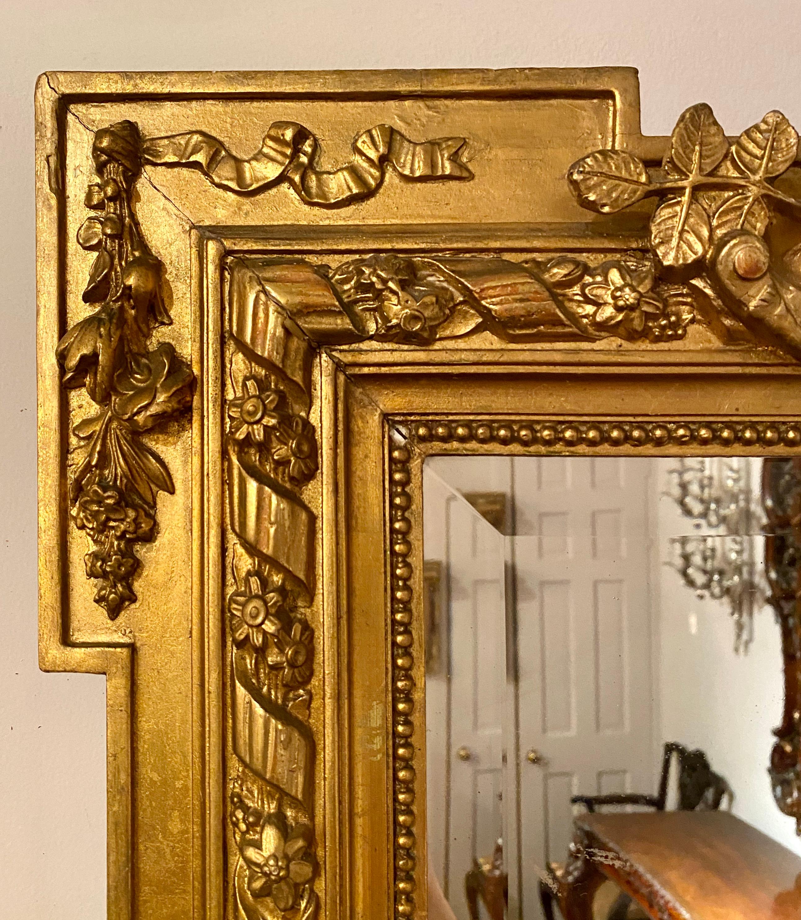 Antique French Louis XVI Carved Giltwood Mirror with Bevel, circa 1880-1900 In Good Condition In New Orleans, LA