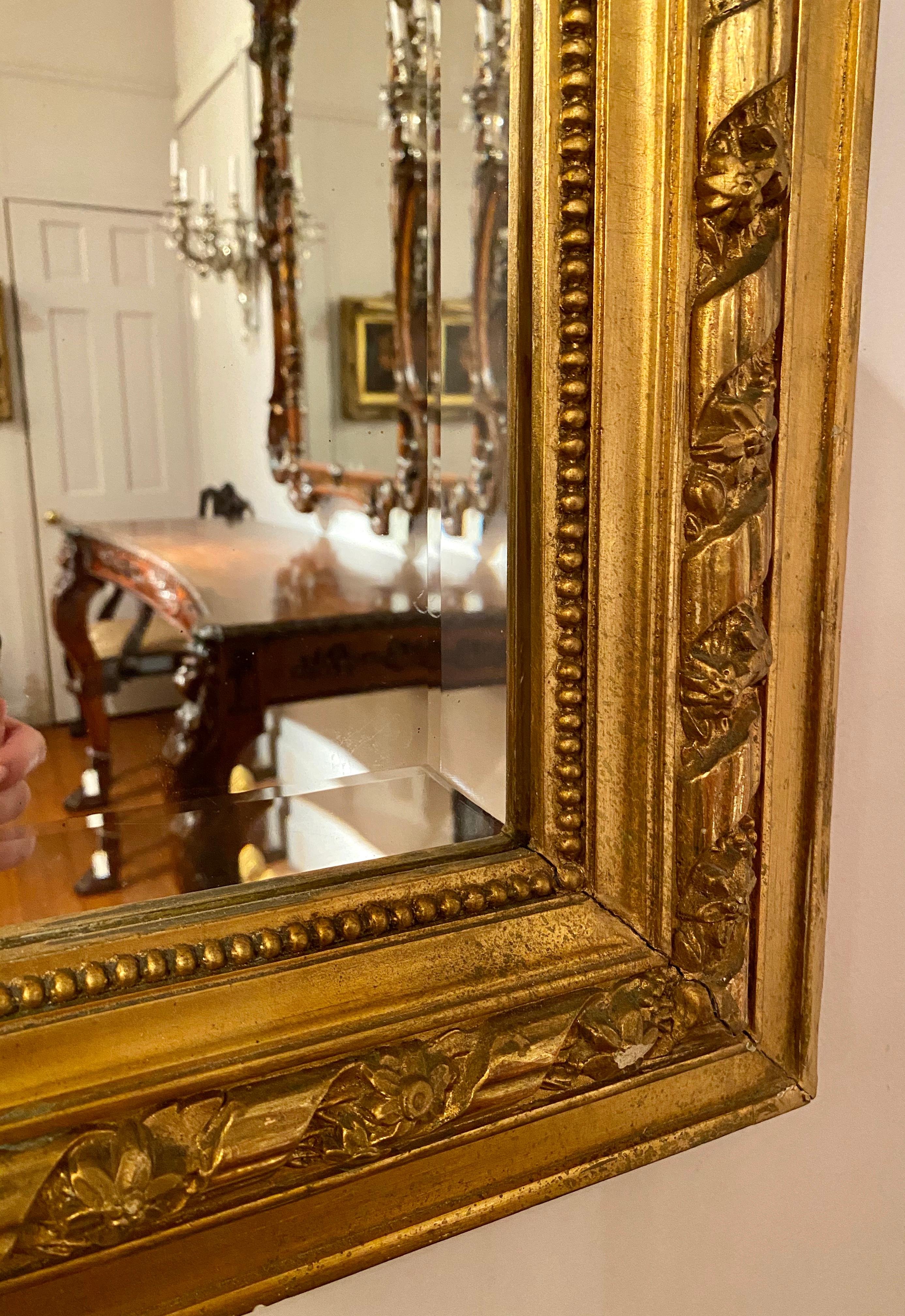 19th Century Antique French Louis XVI Carved Giltwood Mirror with Bevel, circa 1880-1900