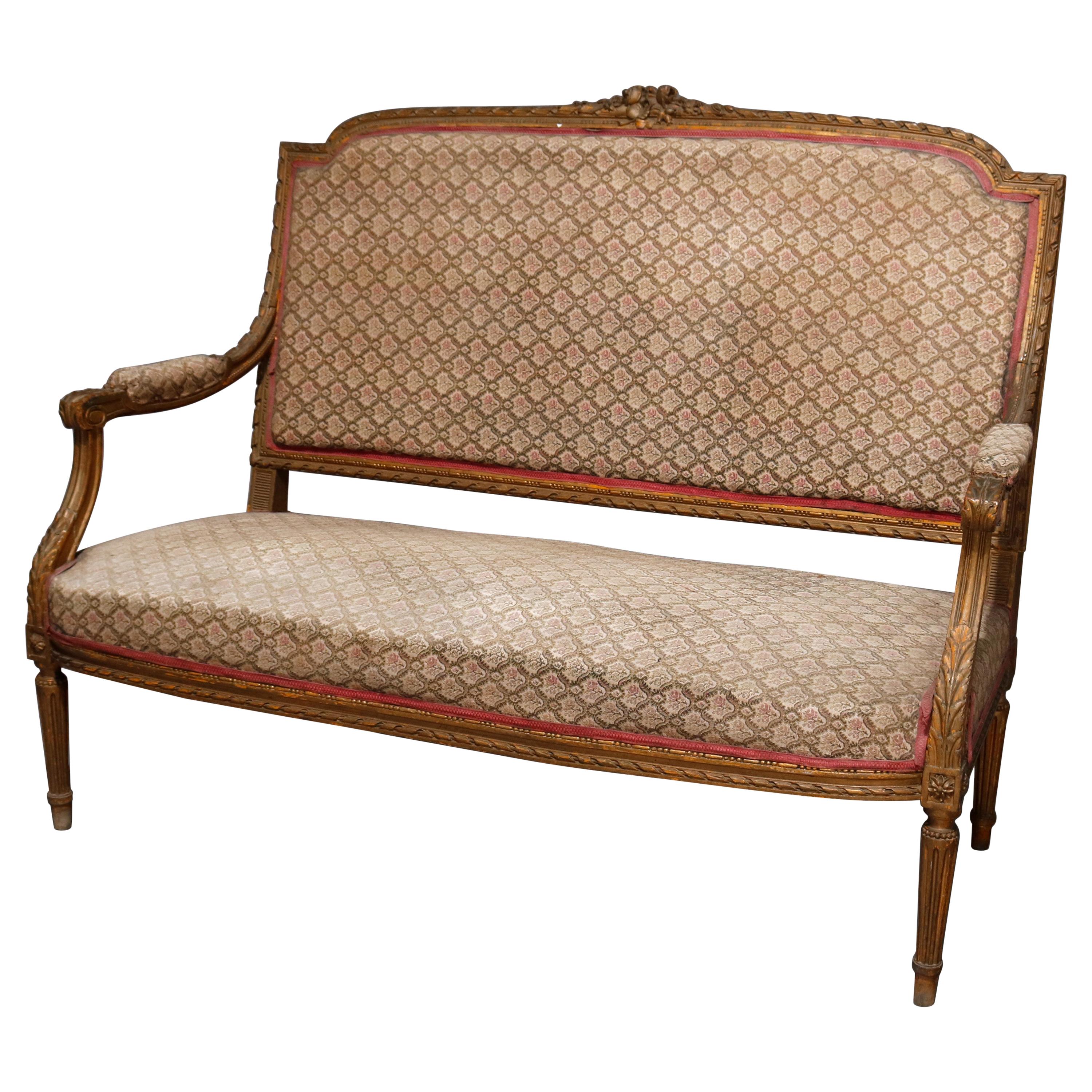 Antique French Louis XVI Carved Giltwood Parlor Settee, 19th Century