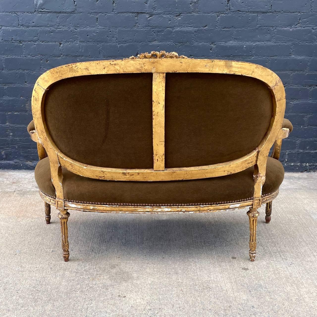 Early 20th Century Antique French Louis XVI  Carved Gold Leaf & Alpaca Mohair Sofa  For Sale