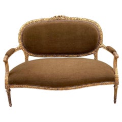 Used French Louis XVI  Carved Gold Leaf & Alpaca Mohair Sofa 