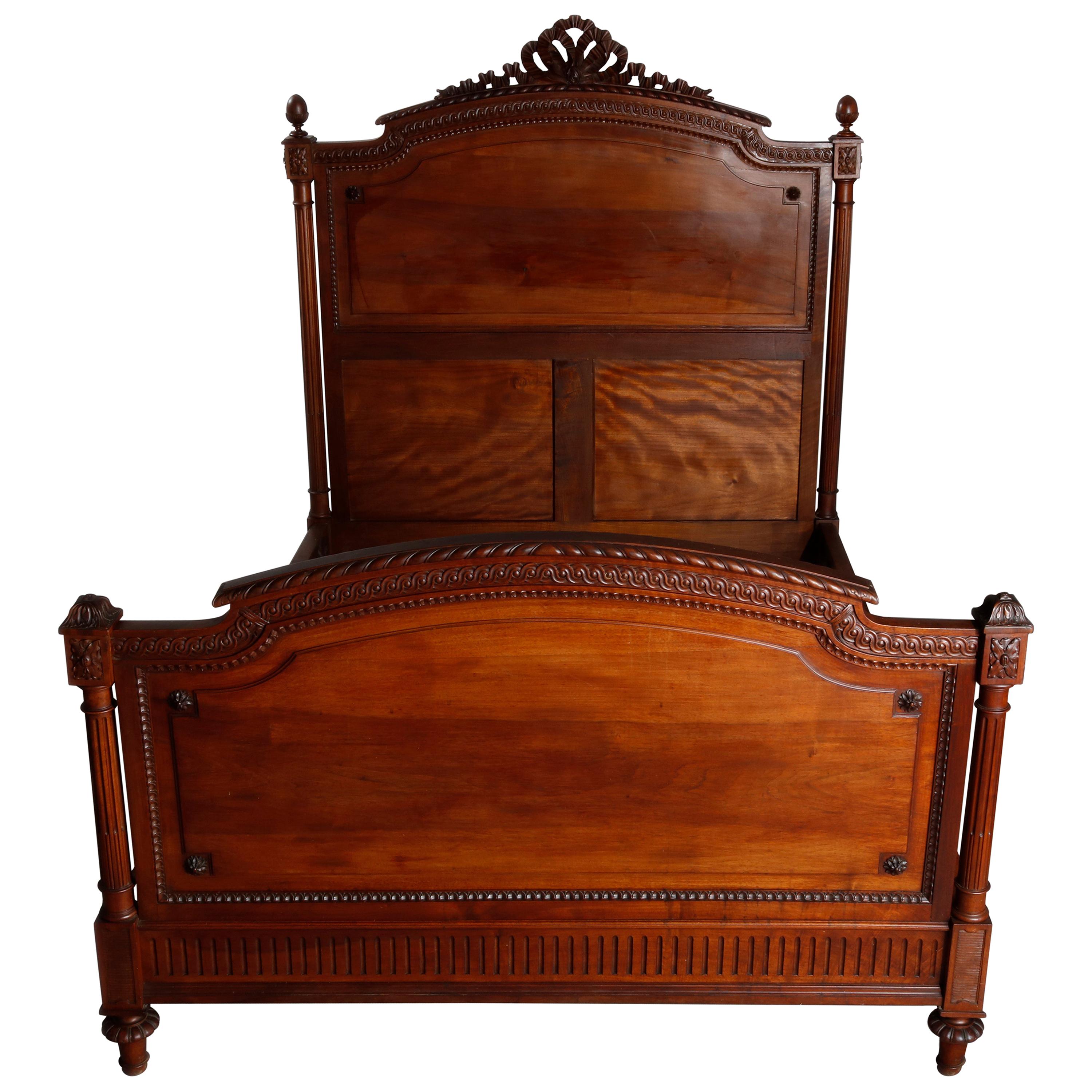 Antique French Louis XVI Carved Mahogany Full Size Bed, 19th Century