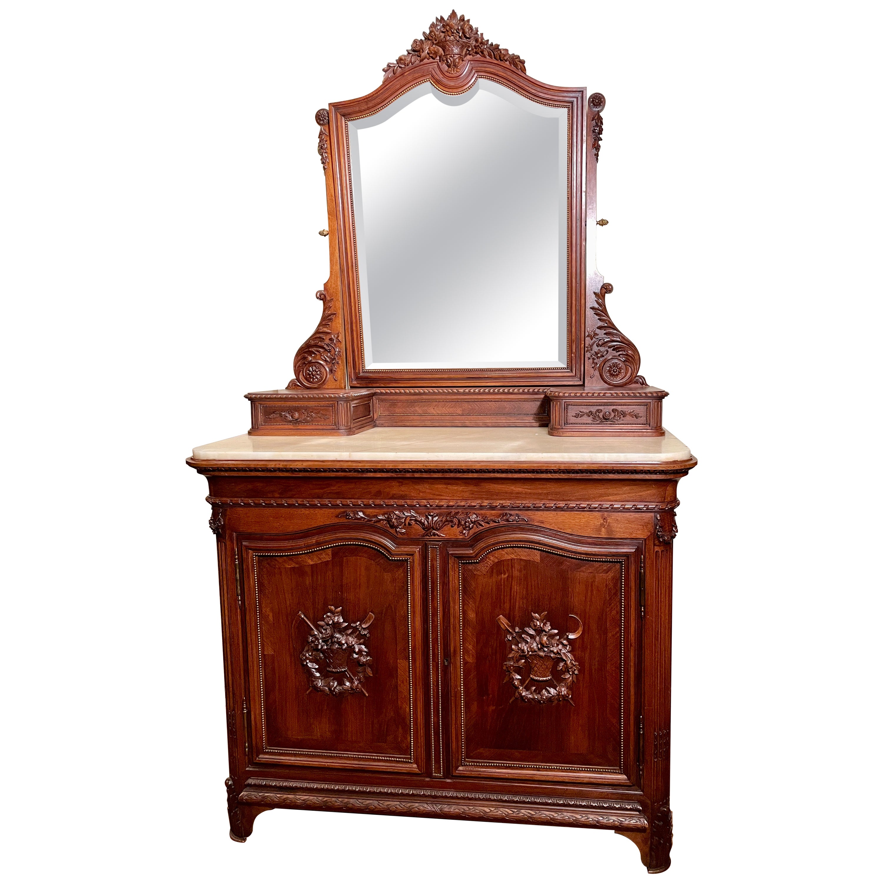 Ancienne commode française Louis XVI en acajou sculpté avec miroir, vers 1890