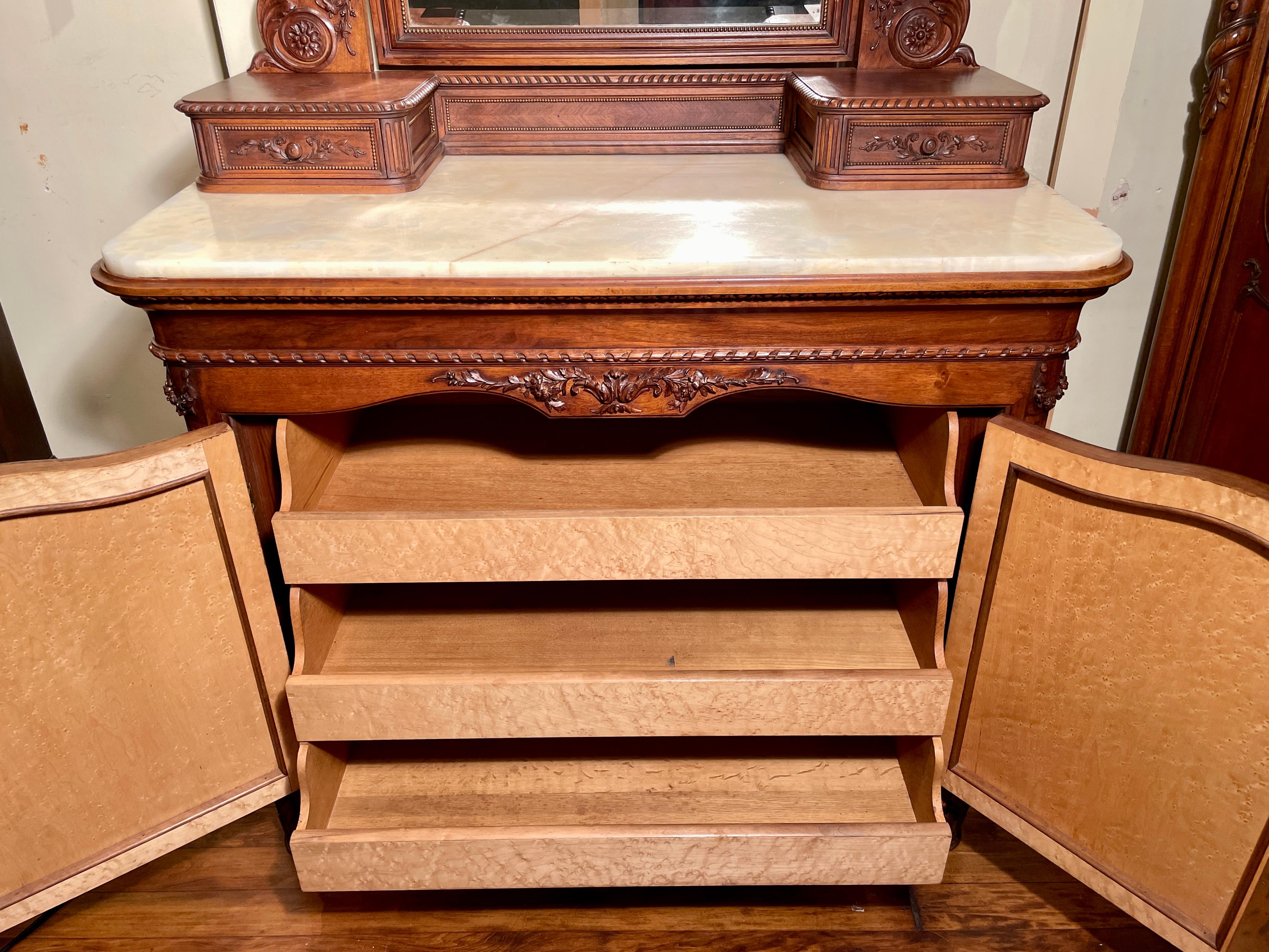 Antique French Louis XVI Carved Mahogany Marble Top Dresser with Mirror, c 1890 For Sale 7