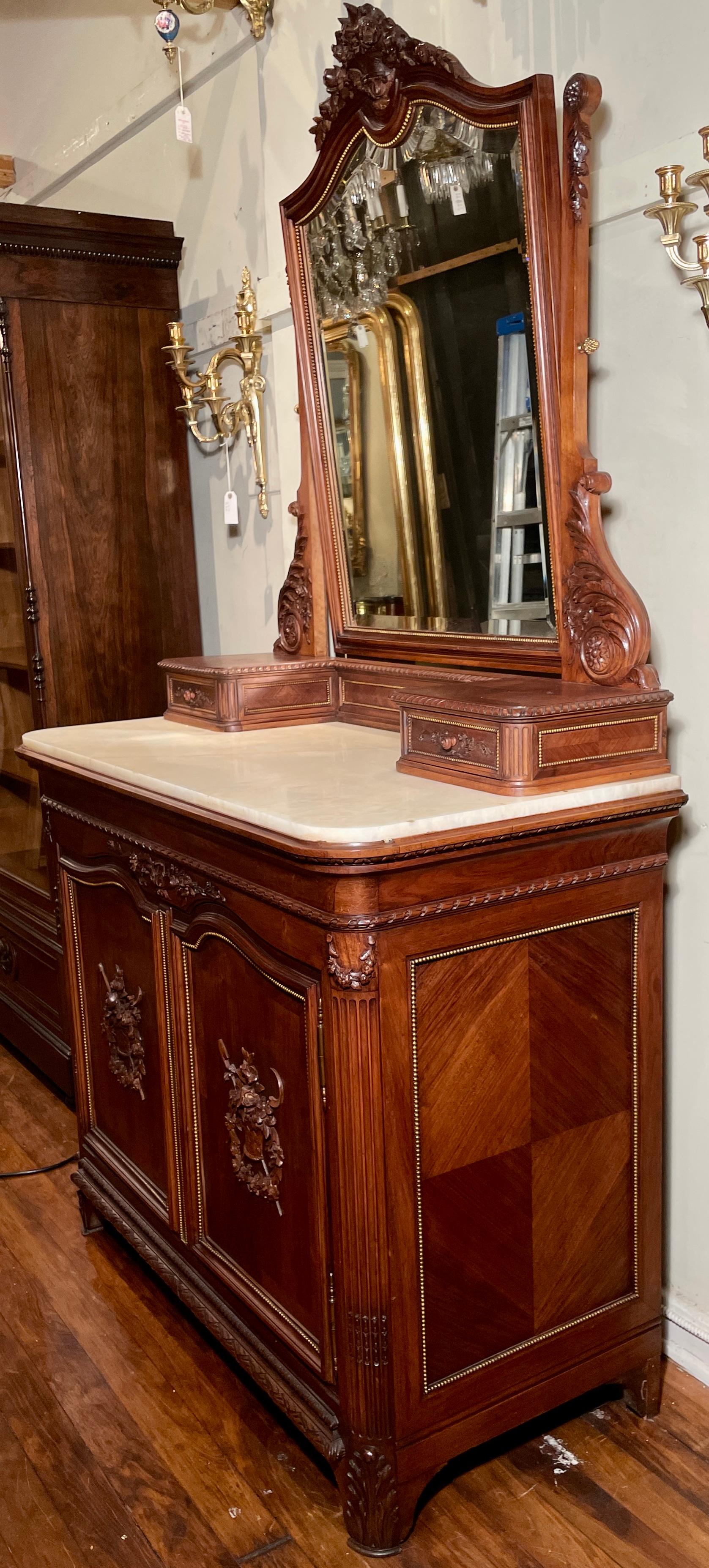 Antique French Louis XVI Carved Mahogany Marble Top Dresser with Mirror, c 1890 For Sale 8