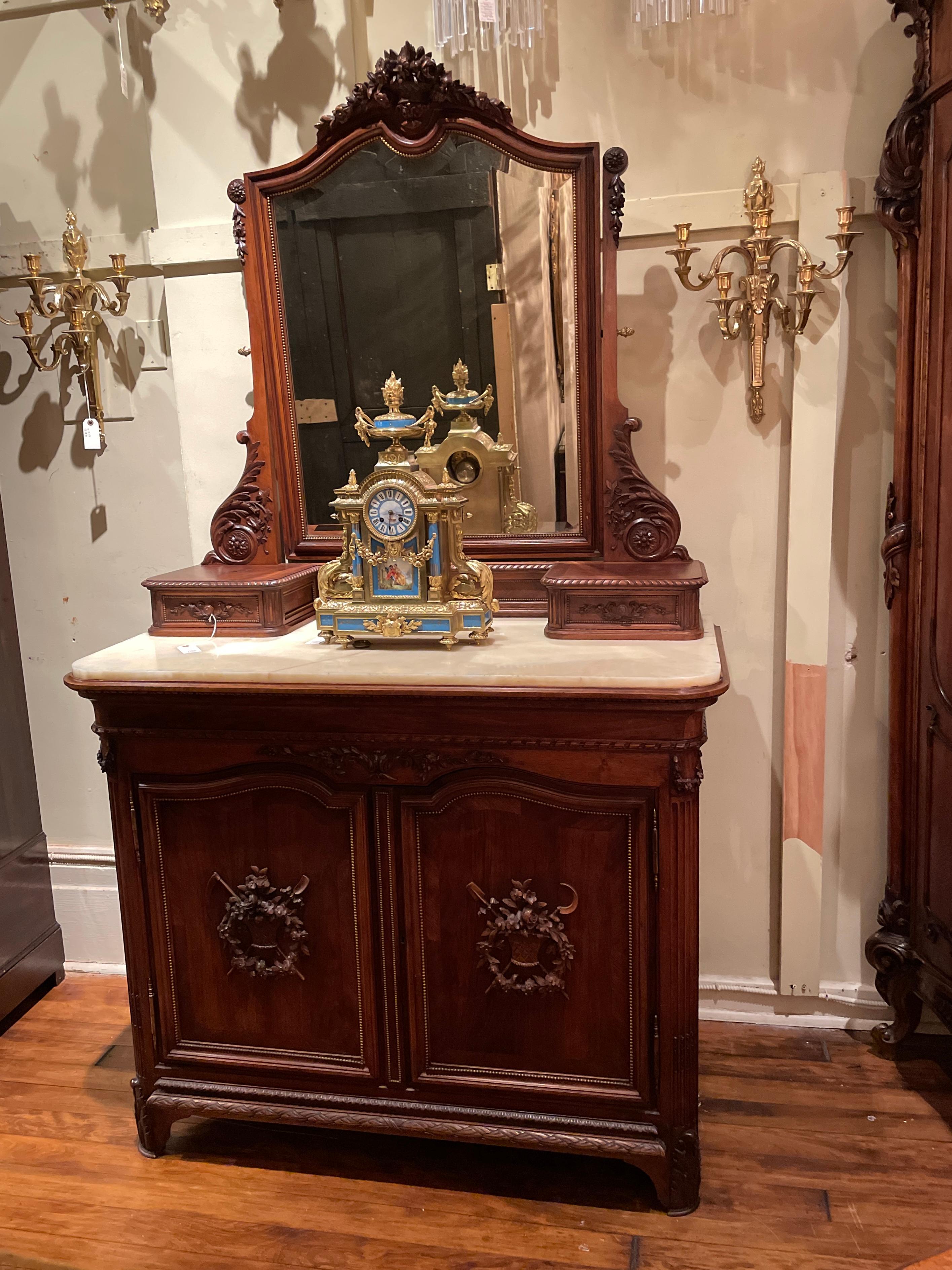 Antique French Louis XVI Carved Mahogany Marble Top Dresser with Mirror, c 1890 For Sale 9