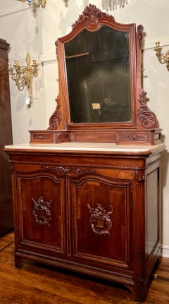 Antique French Louis XVI Carved Mahogany Marble Top Dresser with Mirror, c 1890