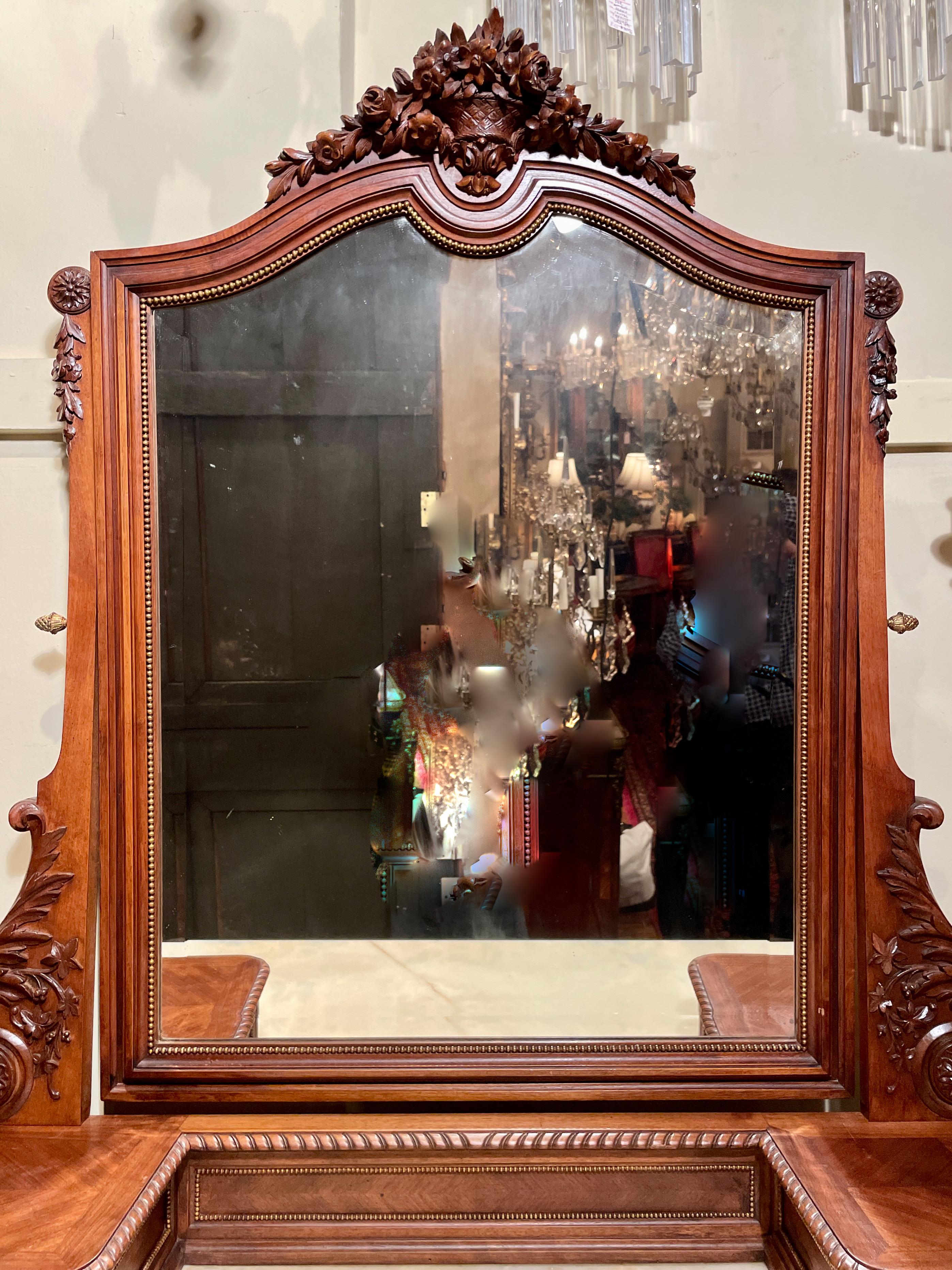 Antique French Louis XVI Carved Mahogany Marble Top Dresser with Mirror, c 1890 In Good Condition For Sale In New Orleans, LA