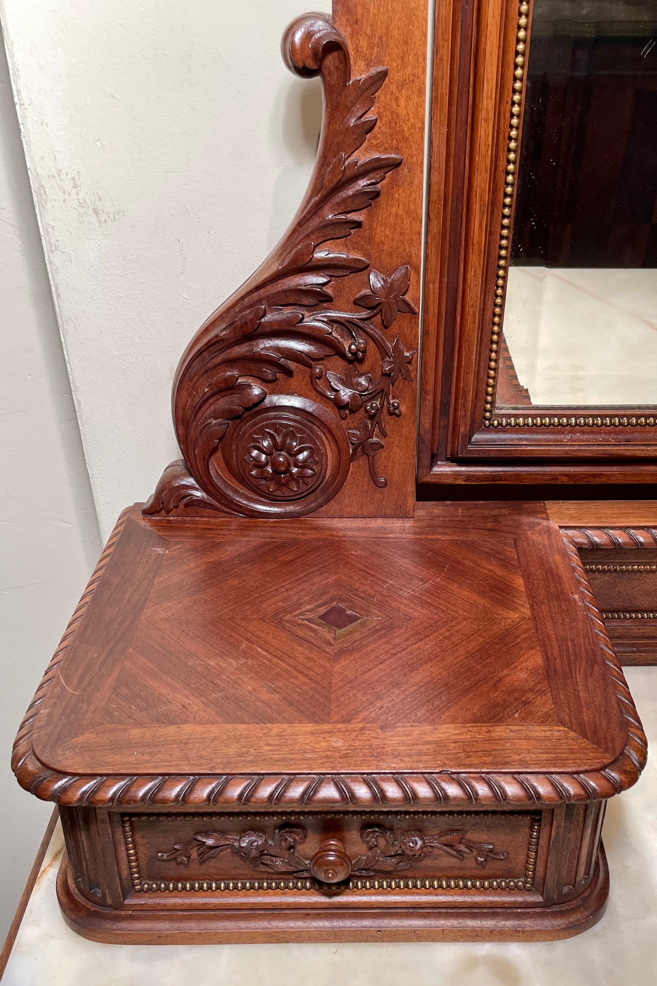 Antique French Louis XVI Carved Mahogany Marble Top Dresser with Mirror, c 1890 For Sale 1