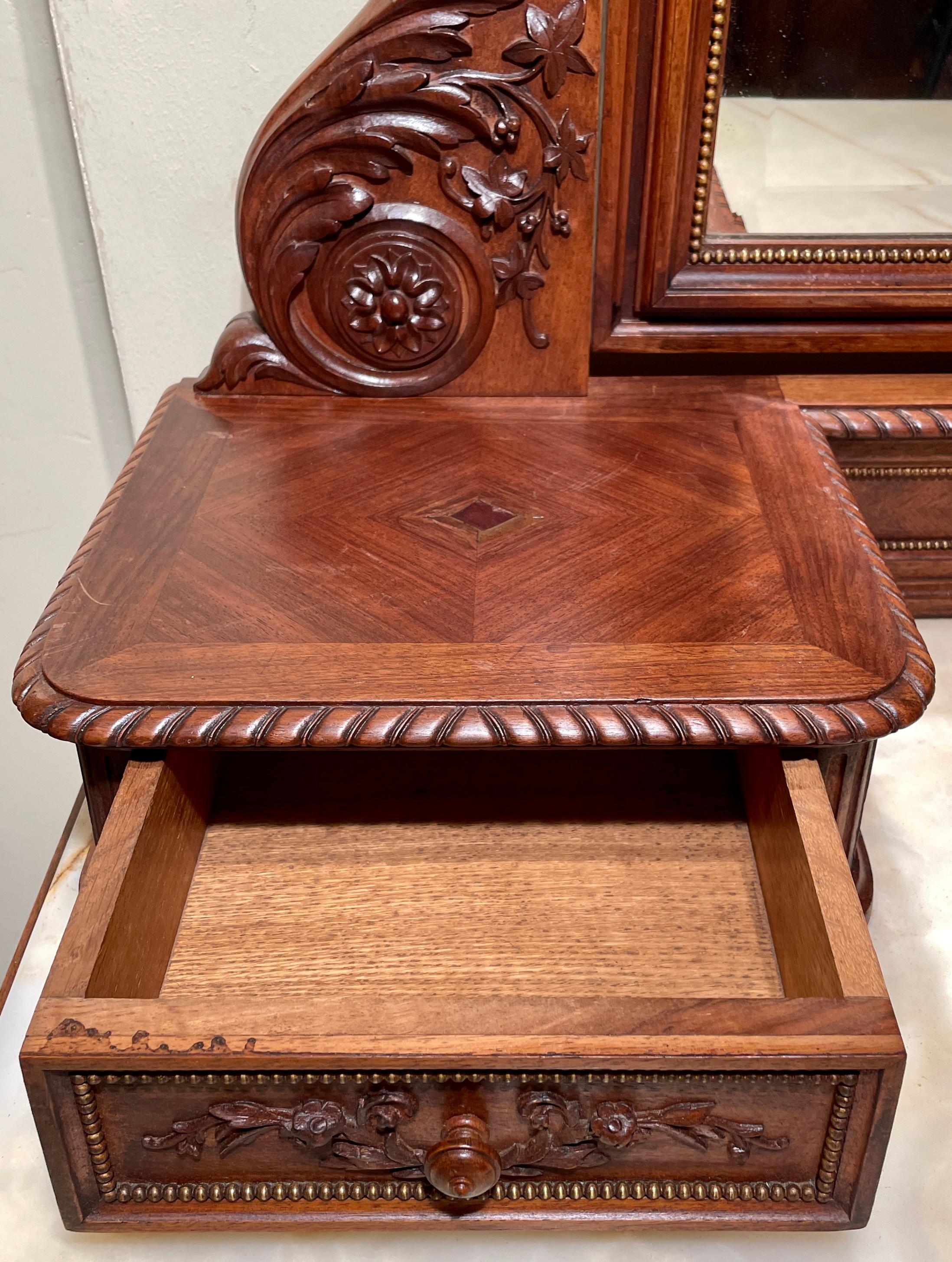 Antique French Louis XVI Carved Mahogany Marble Top Dresser with Mirror, c 1890 For Sale 2