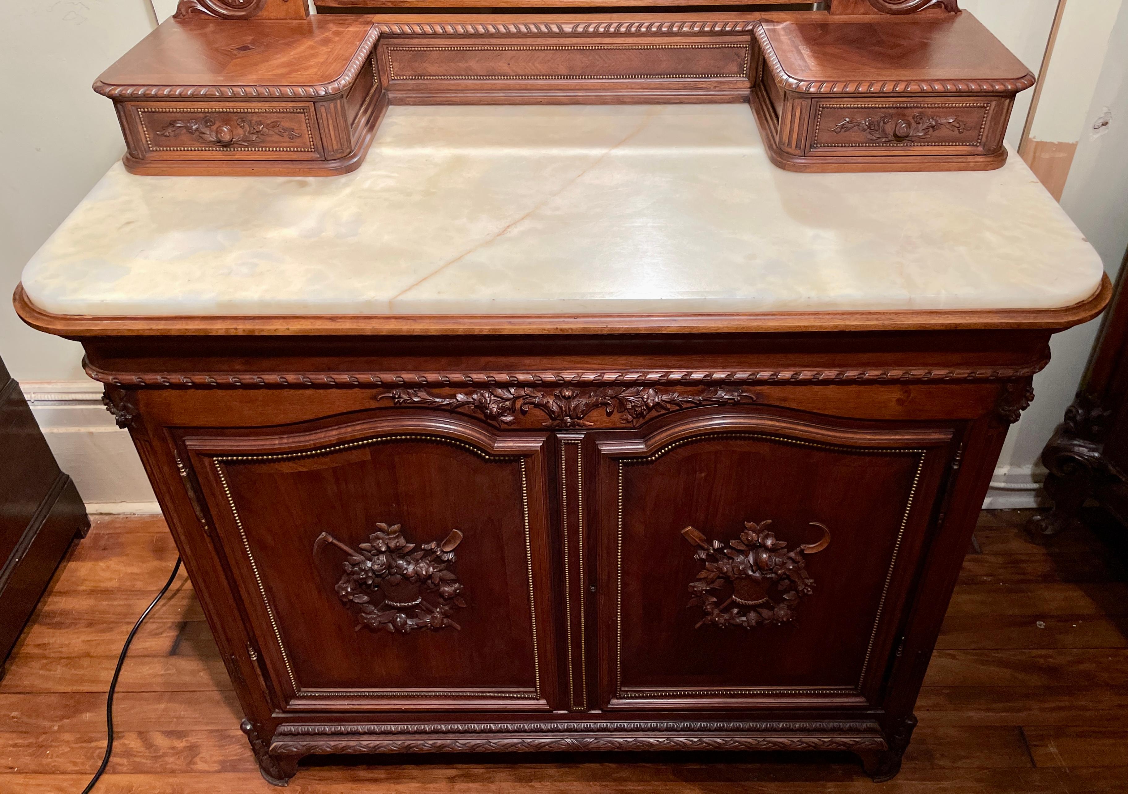 Antique French Louis XVI Carved Mahogany Marble Top Dresser with Mirror, c 1890 For Sale 3