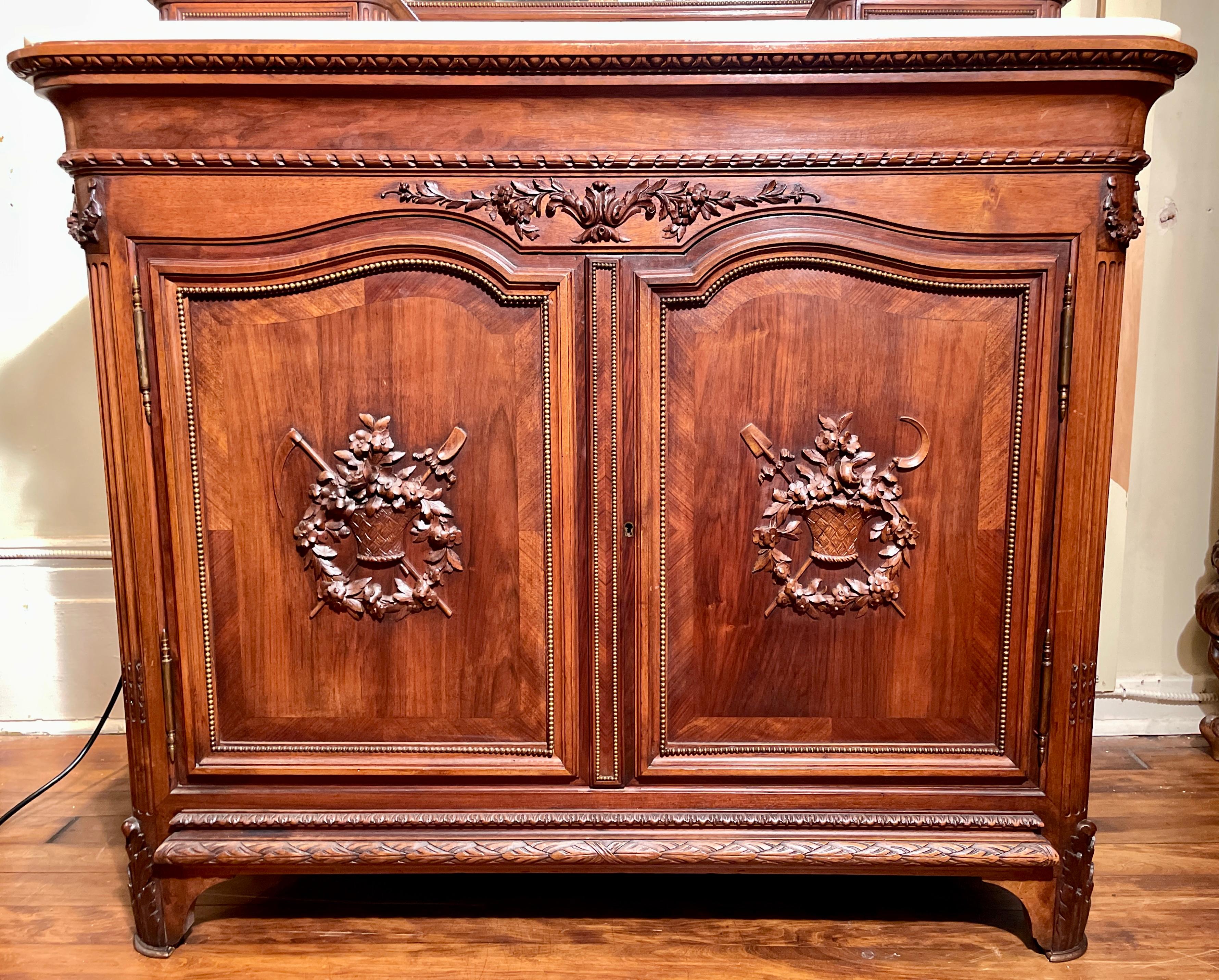 Antique French Louis XVI Carved Mahogany Marble Top Dresser with Mirror, c 1890 For Sale 4
