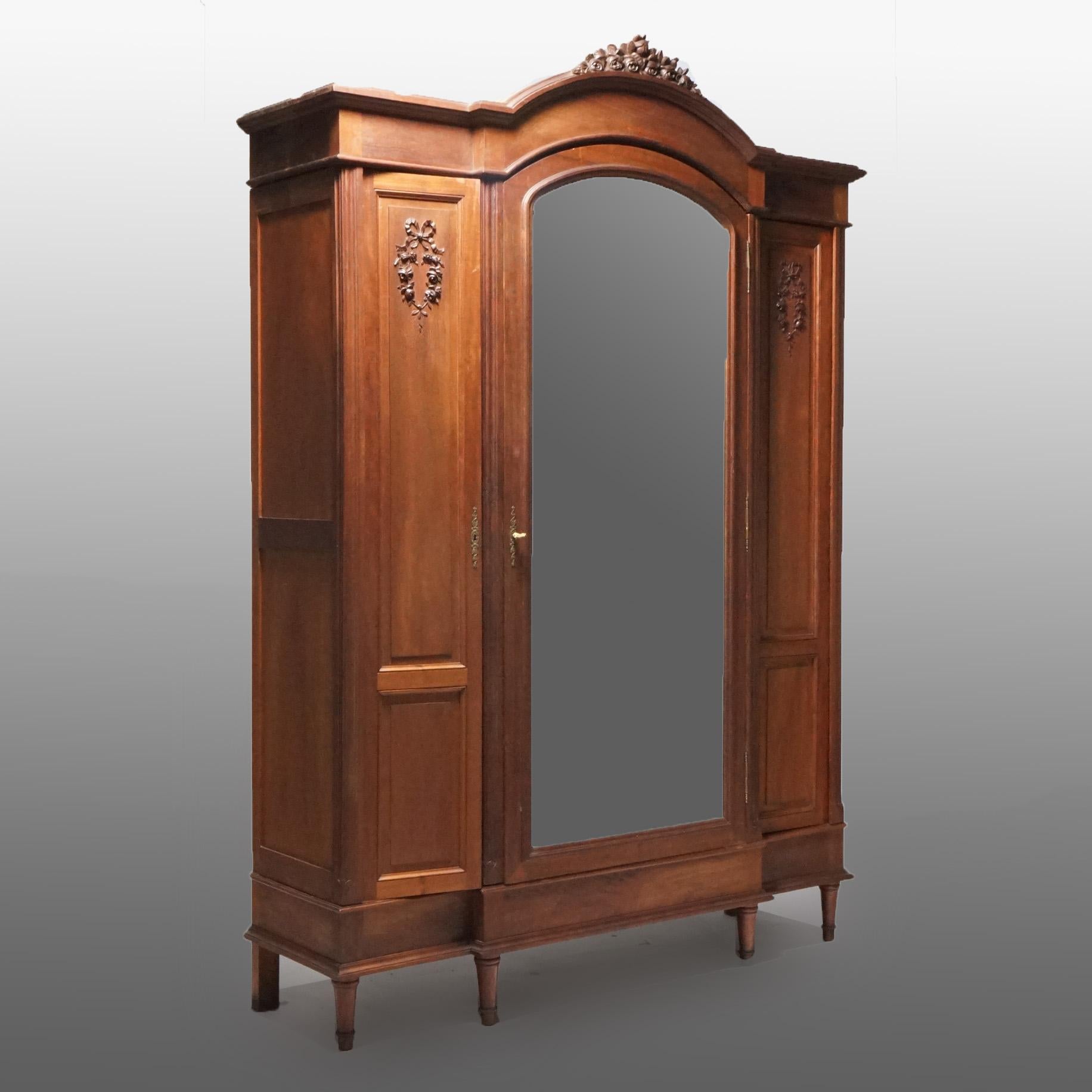 Antique French Louis XVI Carved Mahogany Triple Door Mirrored Armoire 19th C In Good Condition In Big Flats, NY