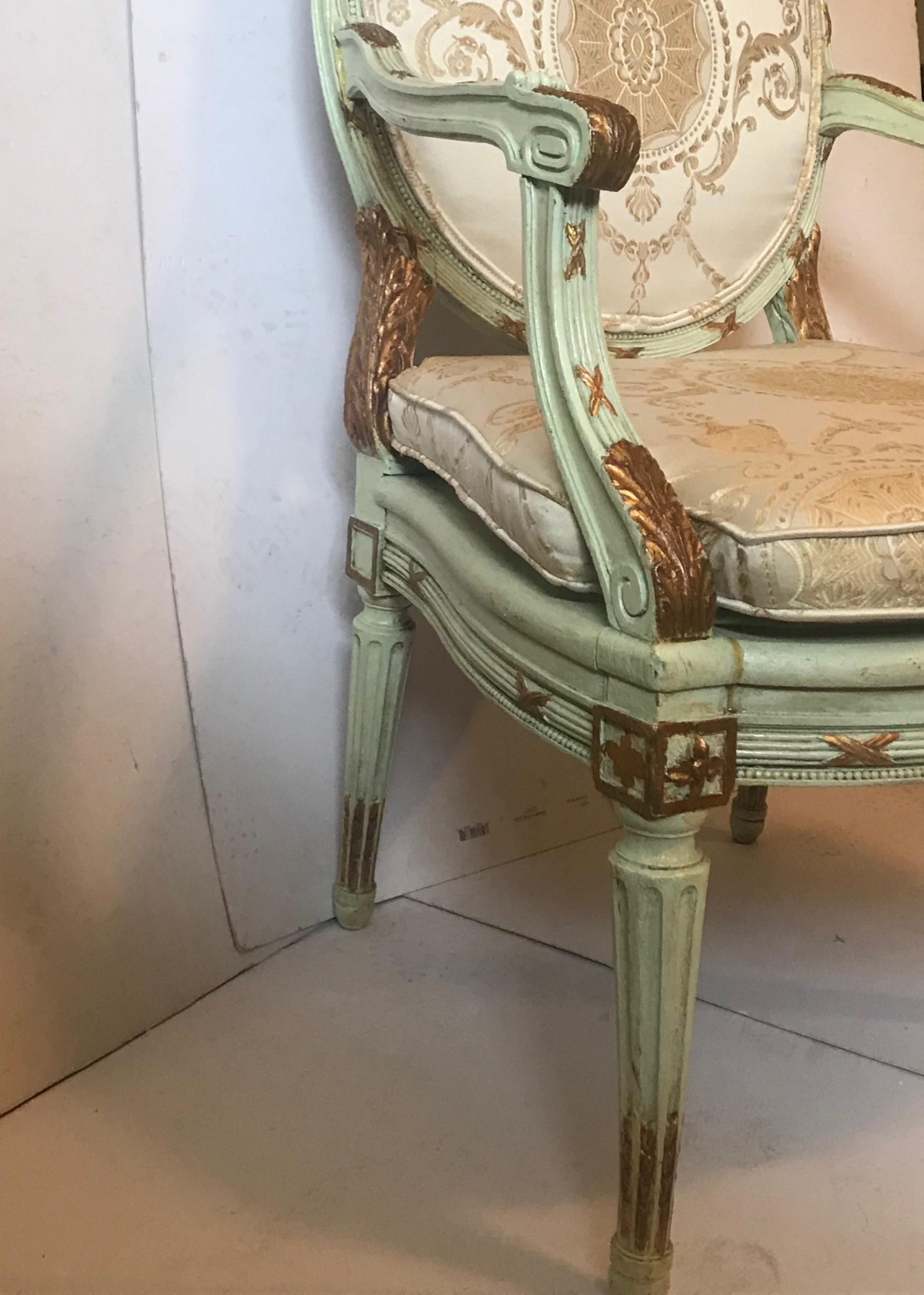 Antique French Louis XVI Carved Parcel Gilded Armchair Fauteuil 1