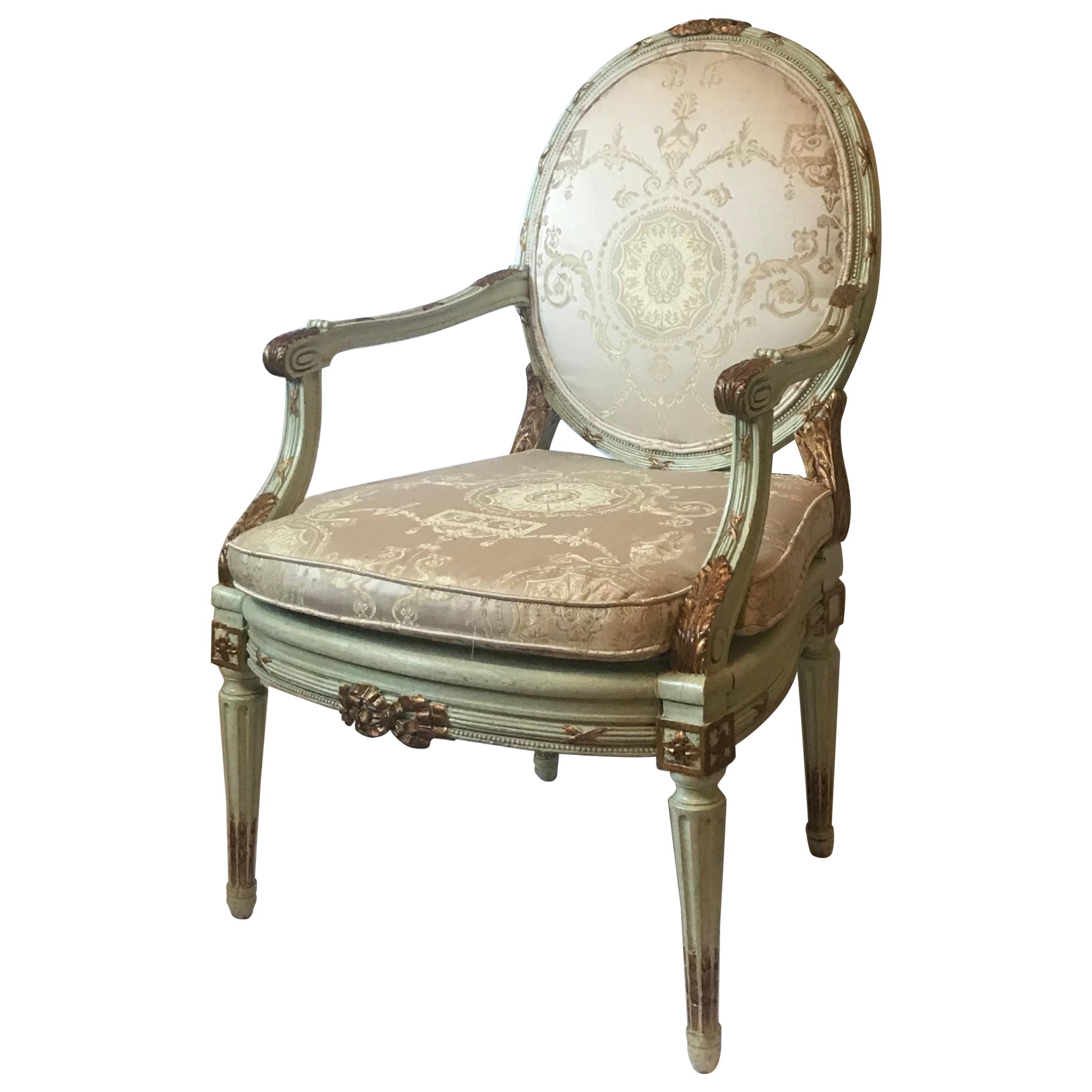 Antique French Louis XVI Carved Parcel Gilded Armchair Fauteuil