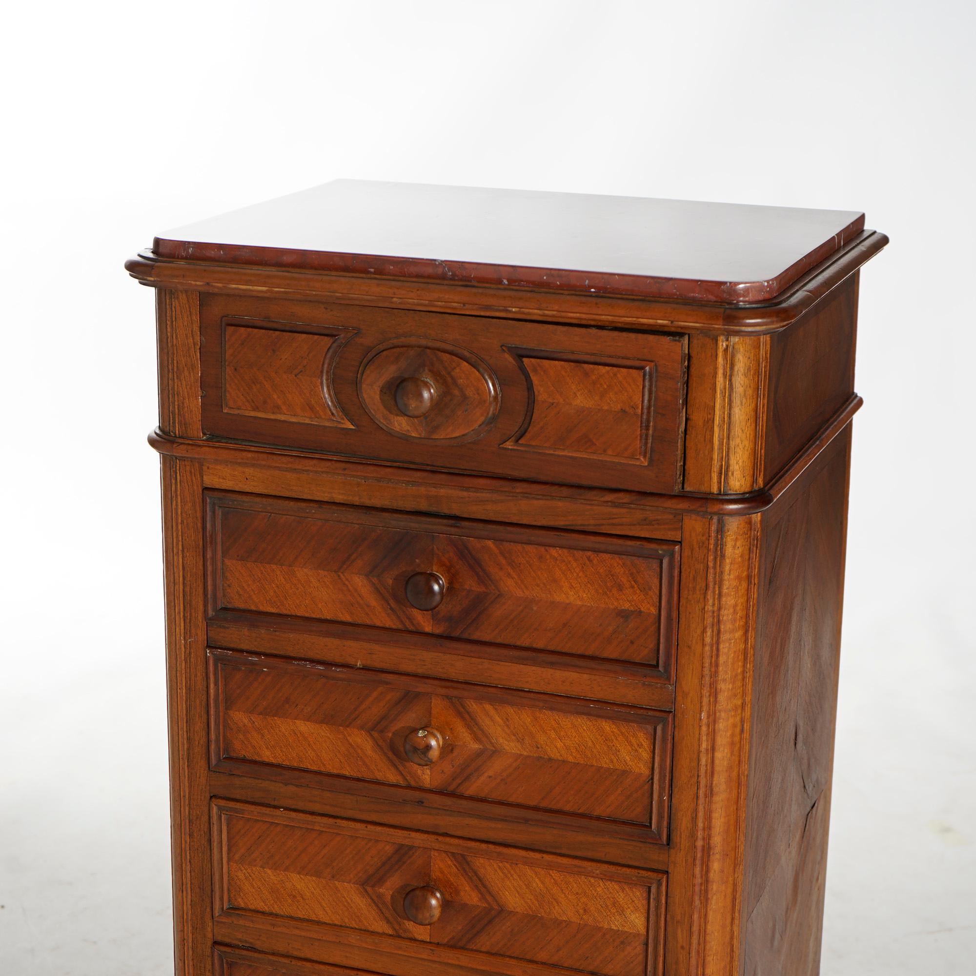 Antique French Louis XVI Carved Walnut, Kingwood & Marble Zinc Lined Chest 19thC For Sale 4
