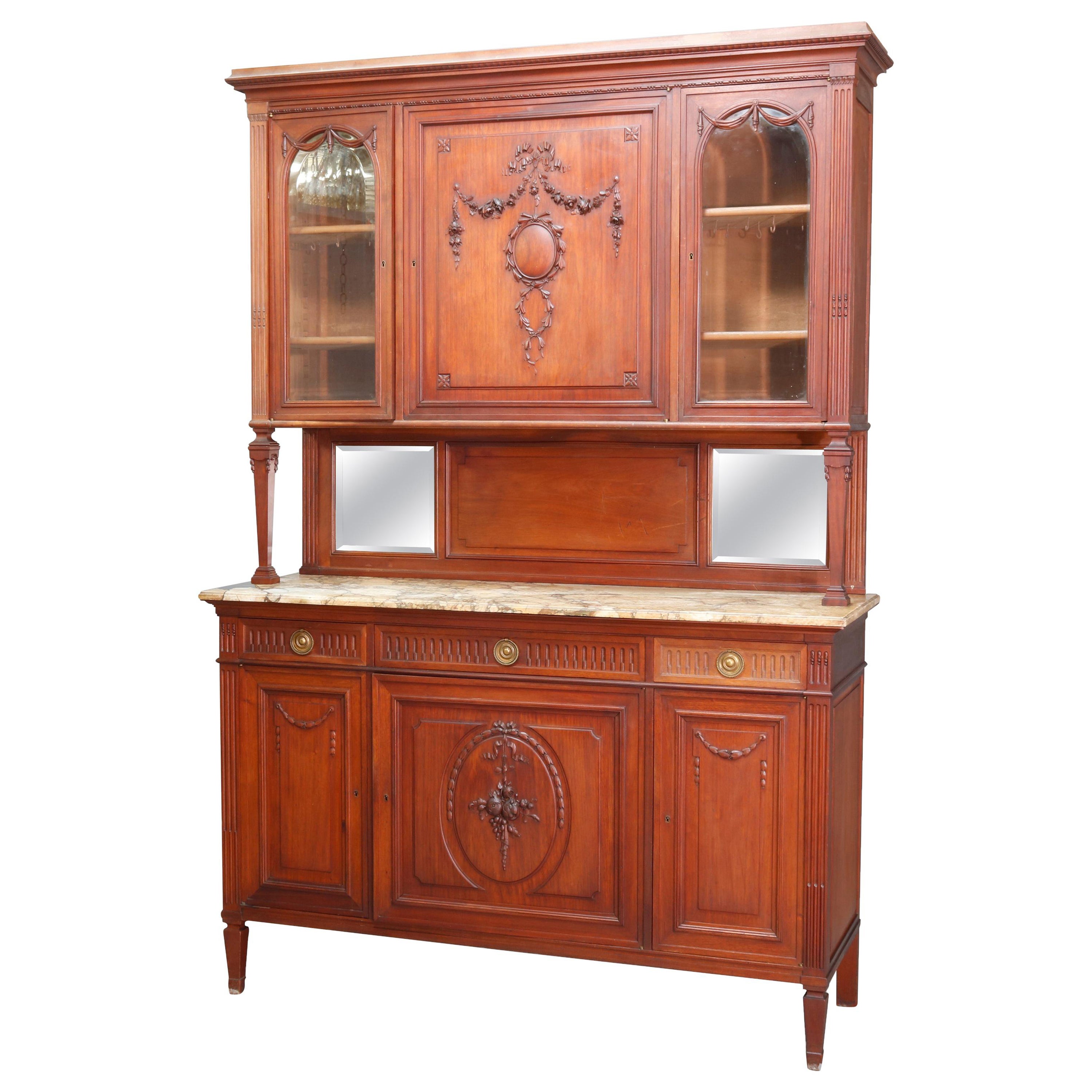 Antique French Louis XVI Carved Walnut 
Marble Mirrored Cupboard, 19th C