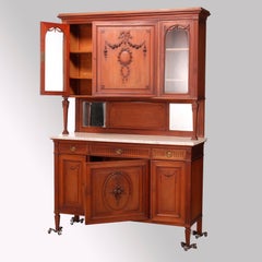 Antique French Louis XVI Carved Walnut & Marble Mirrored Cupboard, 19th C