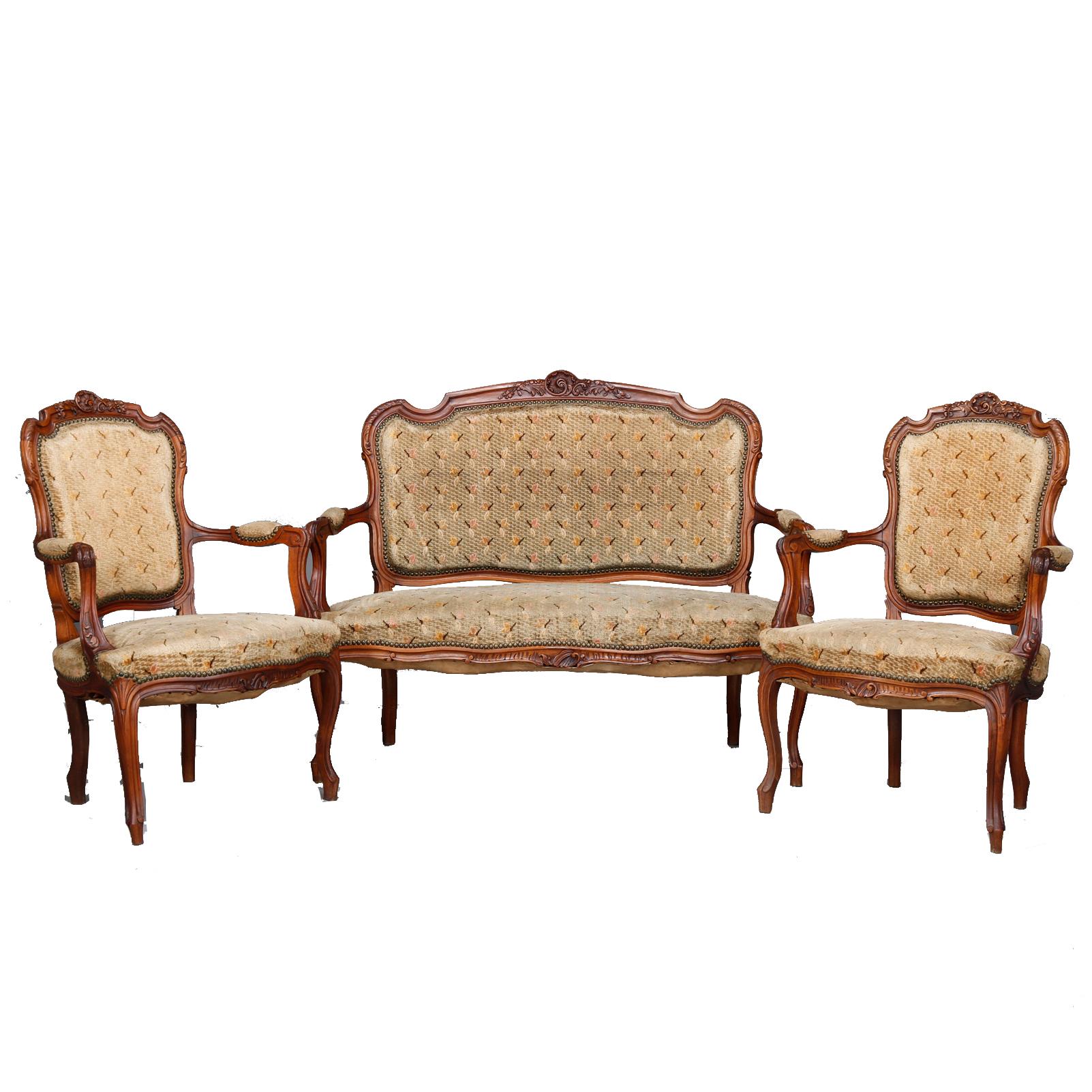 Antique French Louis XVI Carved Walnut Parlor Set, Settee and Armchairs For Sale 4