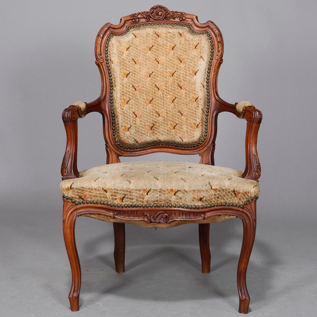 19th Century Antique French Louis XVI Carved Walnut Parlor Set, Settee and Armchairs For Sale