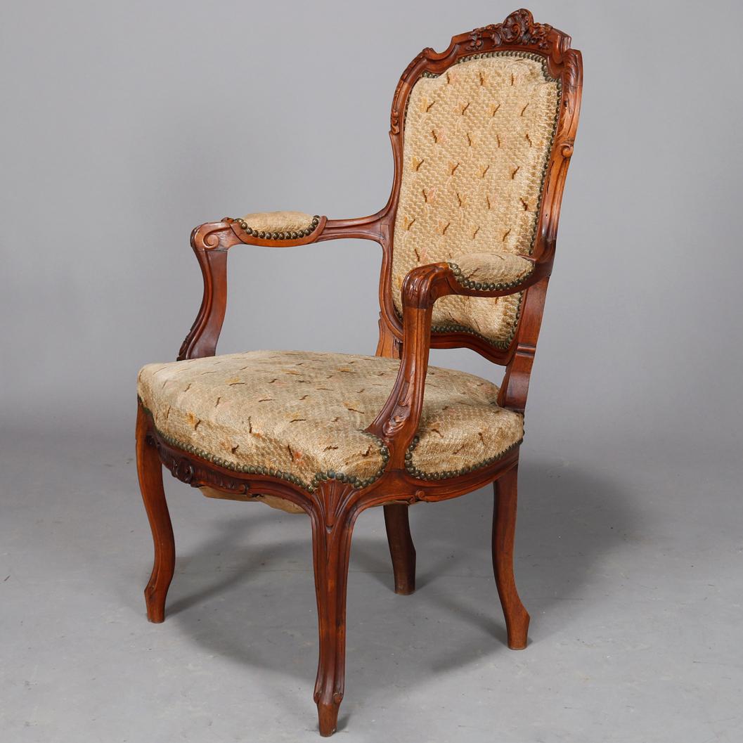 Wood Antique French Louis XVI Carved Walnut Parlor Set, Settee and Armchairs For Sale