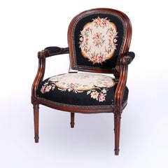 Antique French Louis XVI Carved Walnut & Tapestry Arm Chair Circa 1890