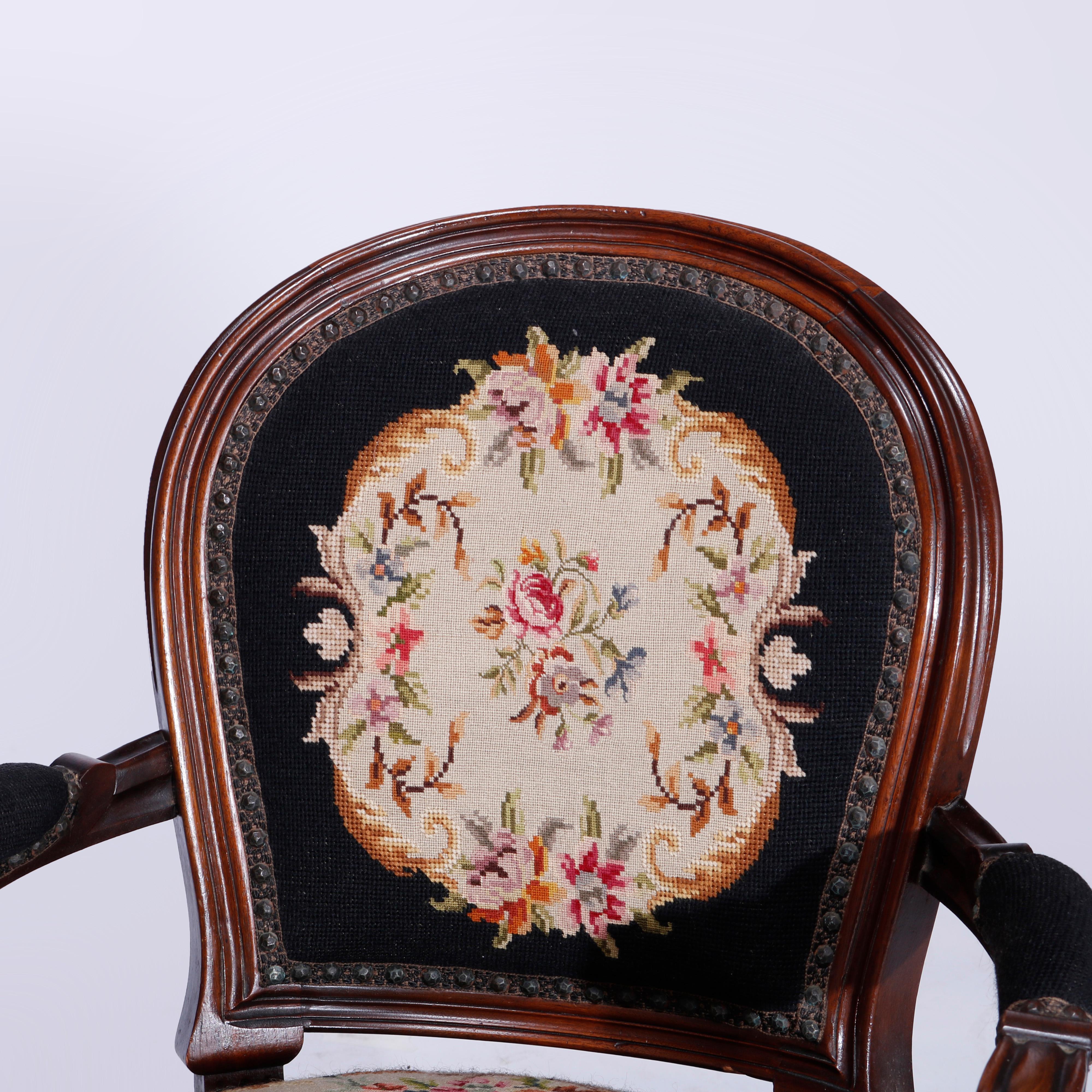 Antique French Louis XVI Carved Walnut & Tapestry Arm Chair Circa 1890 In Good Condition In Big Flats, NY