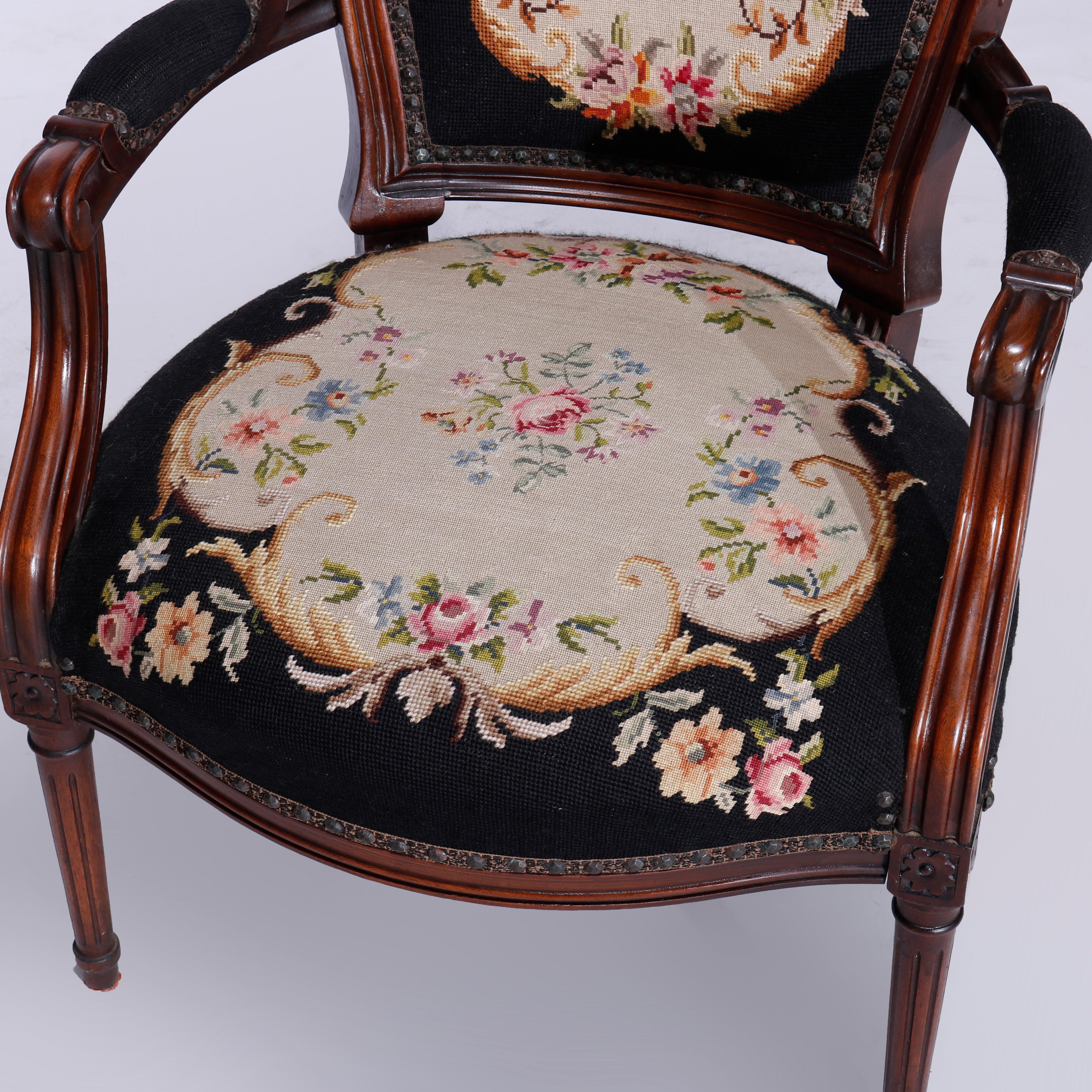 19th Century Antique French Louis XVI Carved Walnut & Tapestry Arm Chair Circa 1890