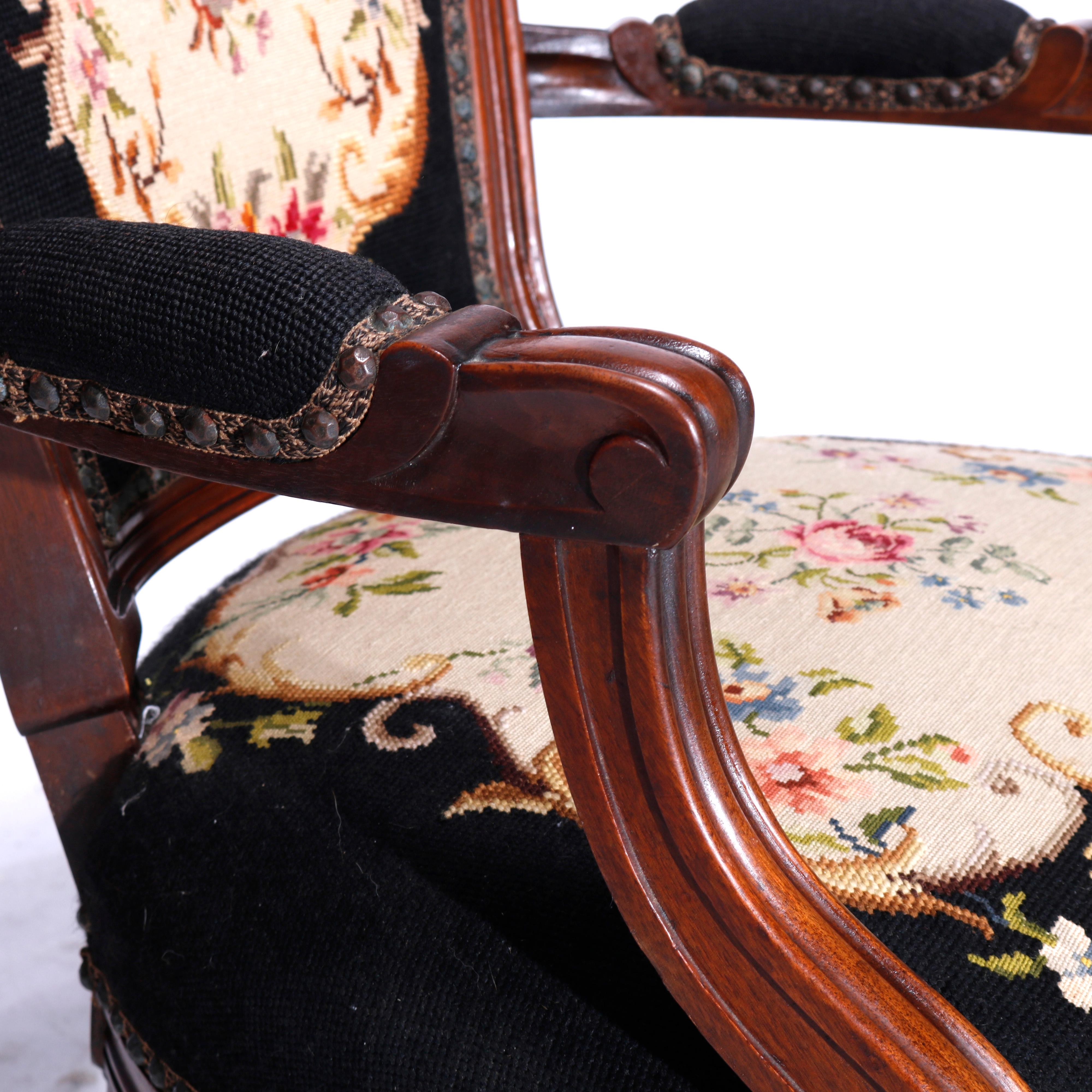 Antique French Louis XVI Carved Walnut & Tapestry Arm Chair Circa 1890 1