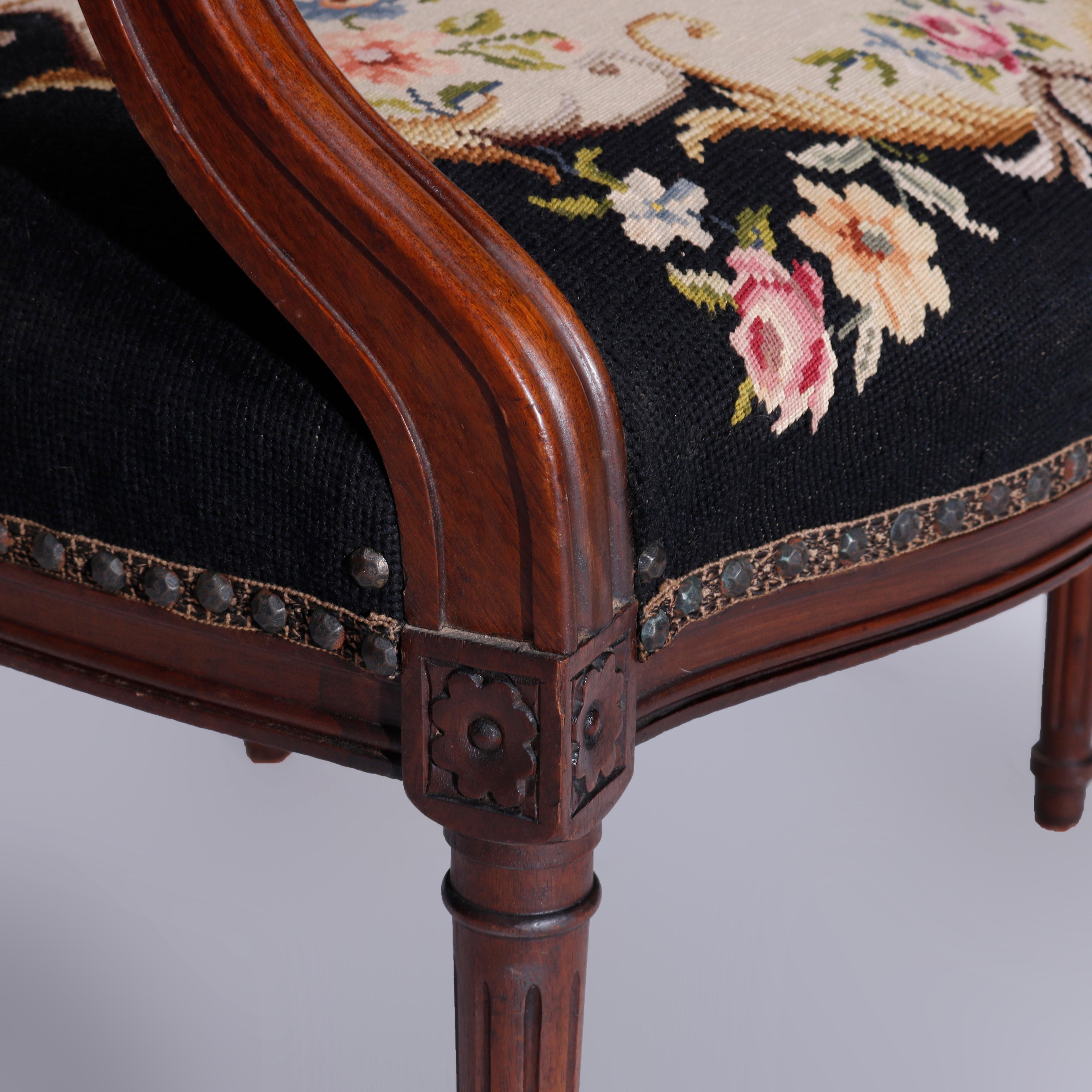 Antique French Louis XVI Carved Walnut & Tapestry Arm Chair Circa 1890 2